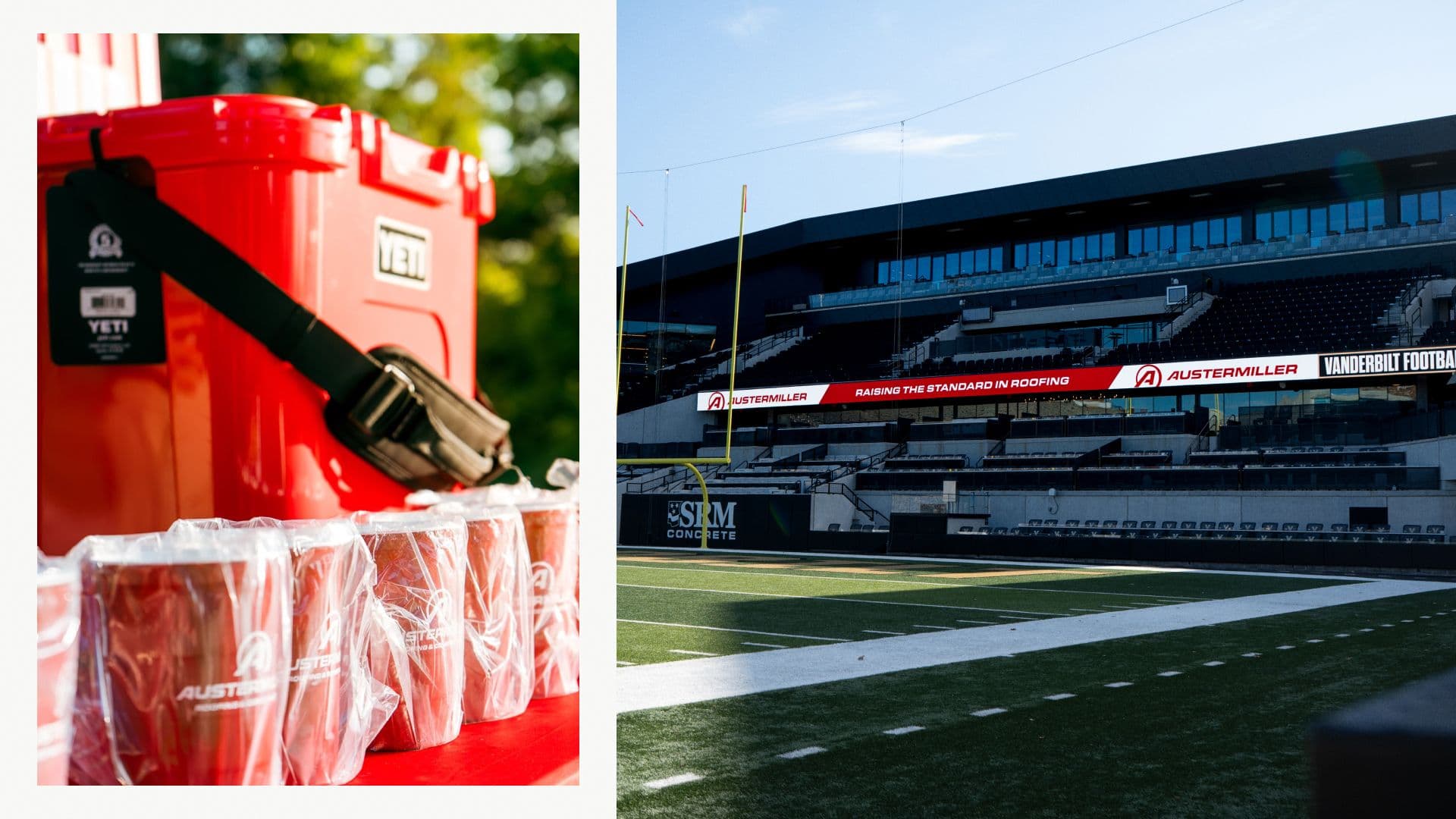 Austermiller-branded cooler and stadium banners