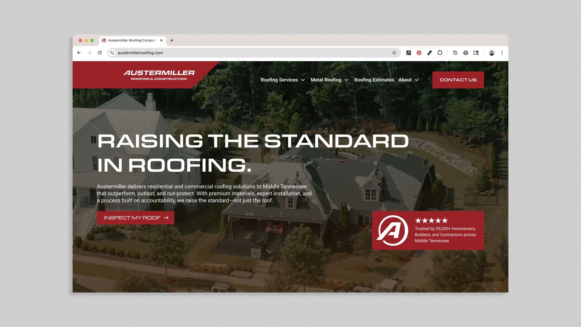 Austermiller website homepage: Raising the Standard in Roofing