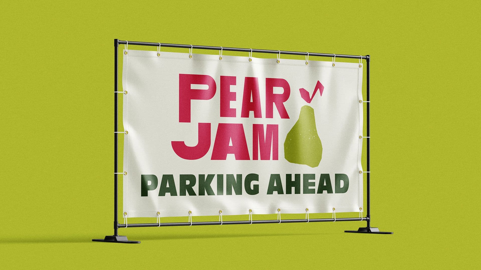 Large vinyl outdoor banner with Pear Jam logo and "Parking Ahead" directional text.