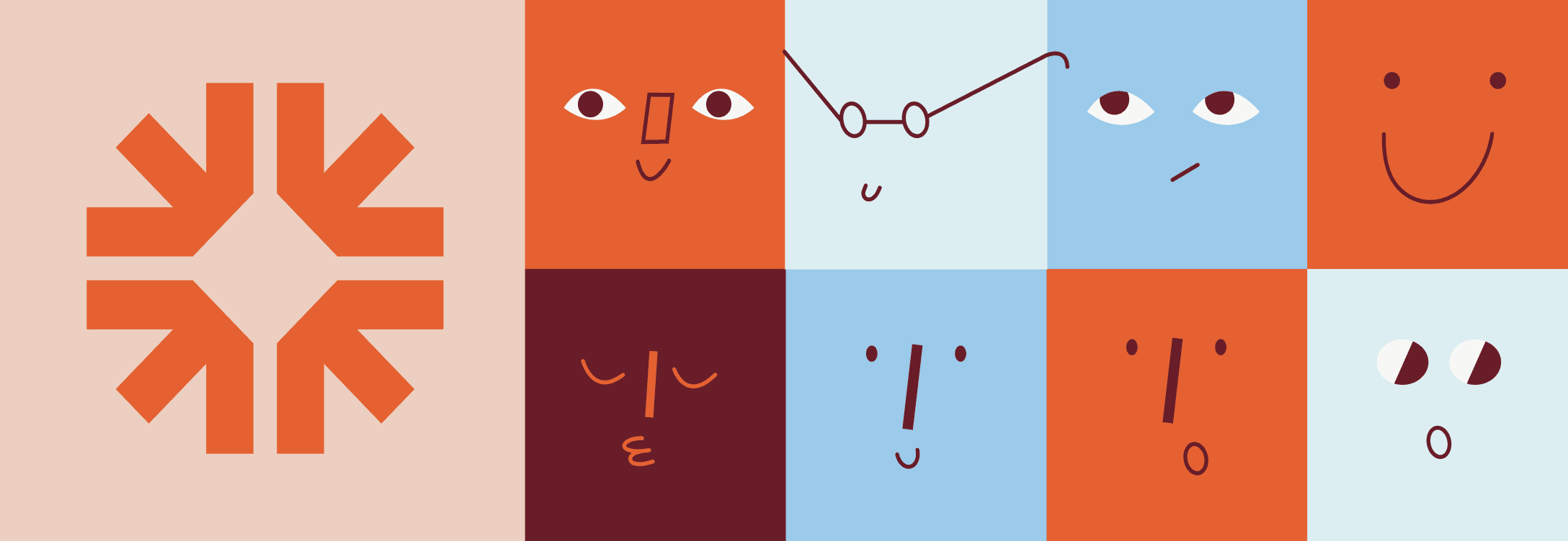 Simple illustrated faces in a grid of orange, pale blue and burgundy squares