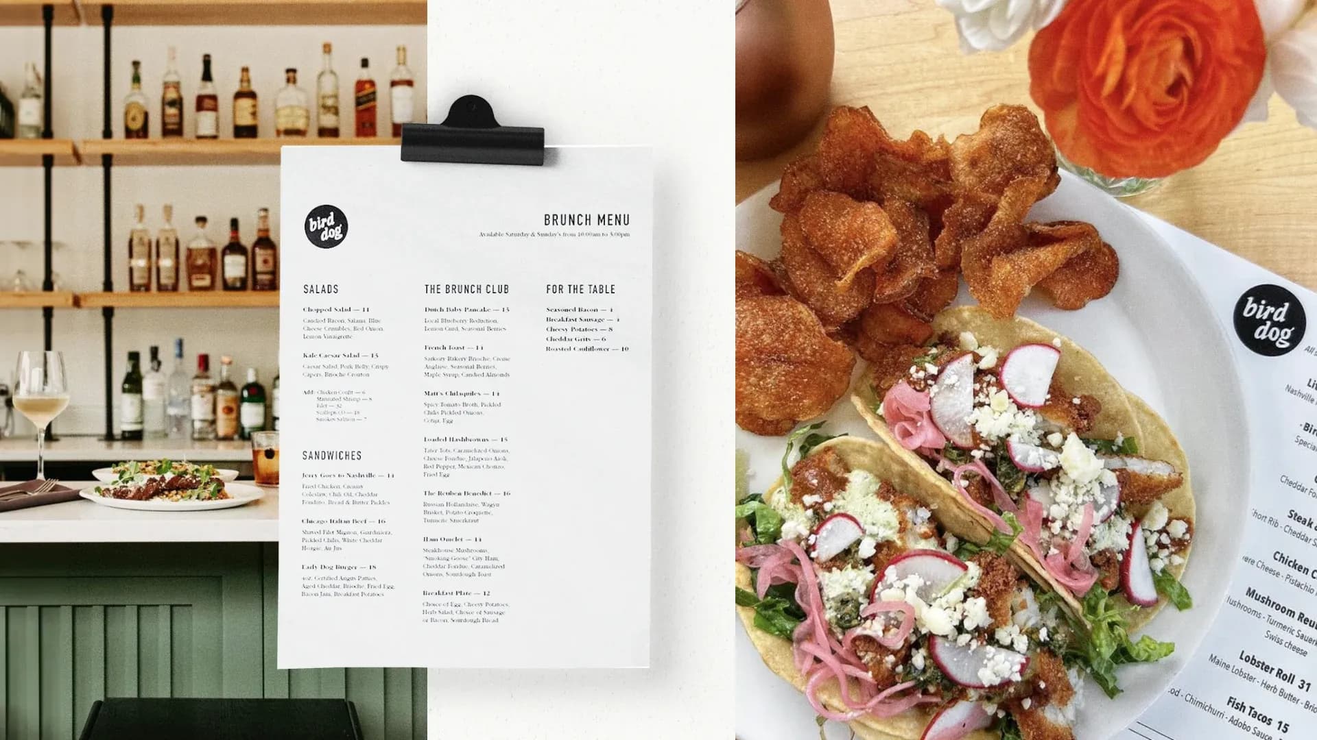 Bird dog menu next to a plate of food