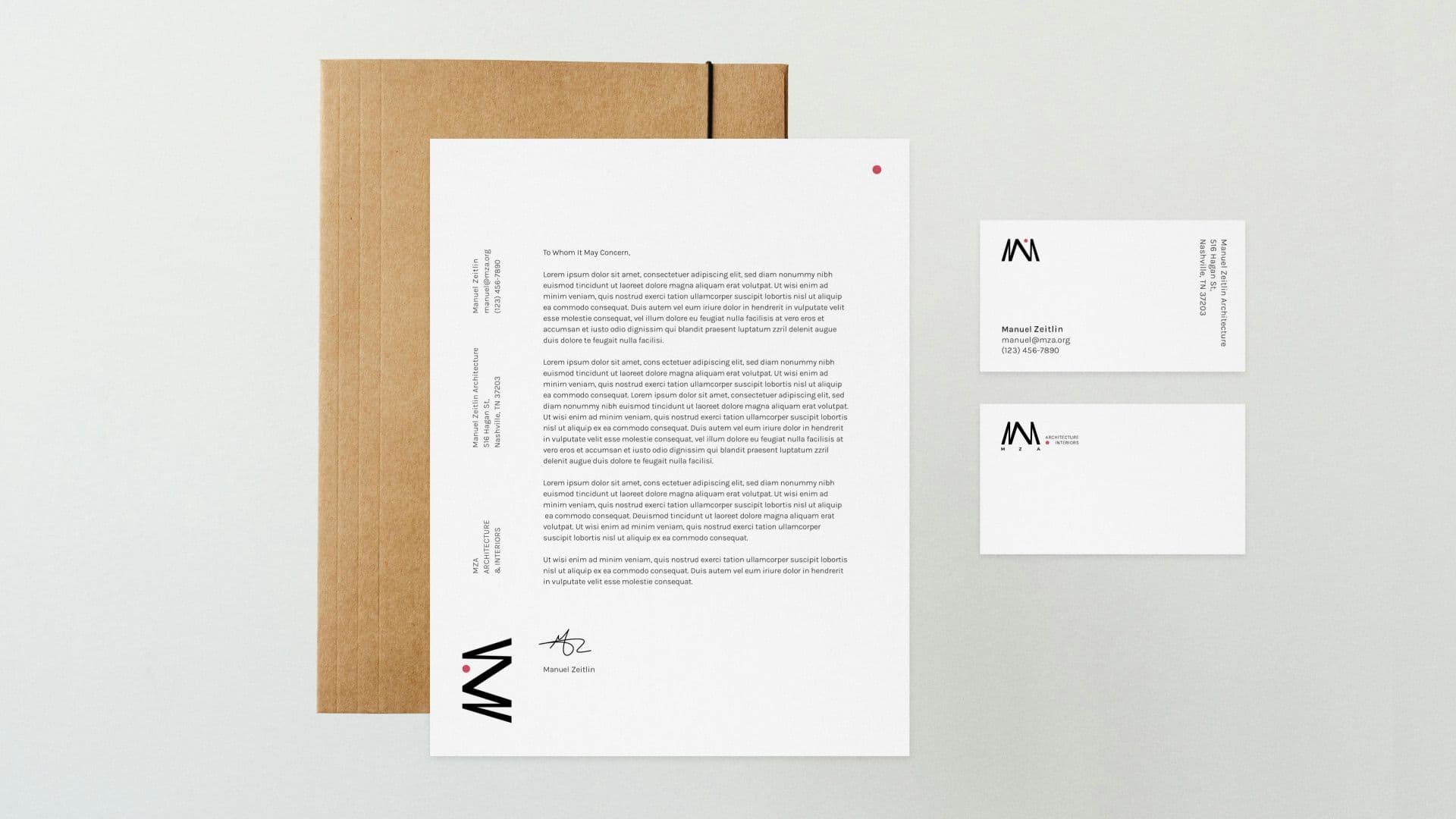 Corporate stationery mockup featuring MZA Architecture and Interiors letterhead and minimalist business cards on a light grey background.