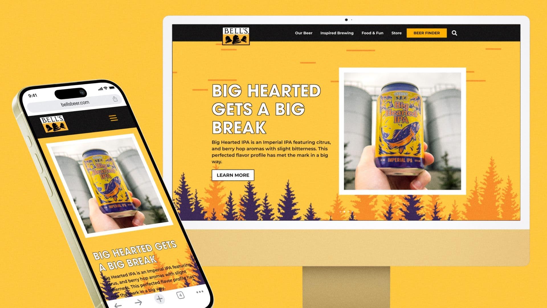 Phone with the Bell's Brewery homepage next to a computer screen showing the same thing