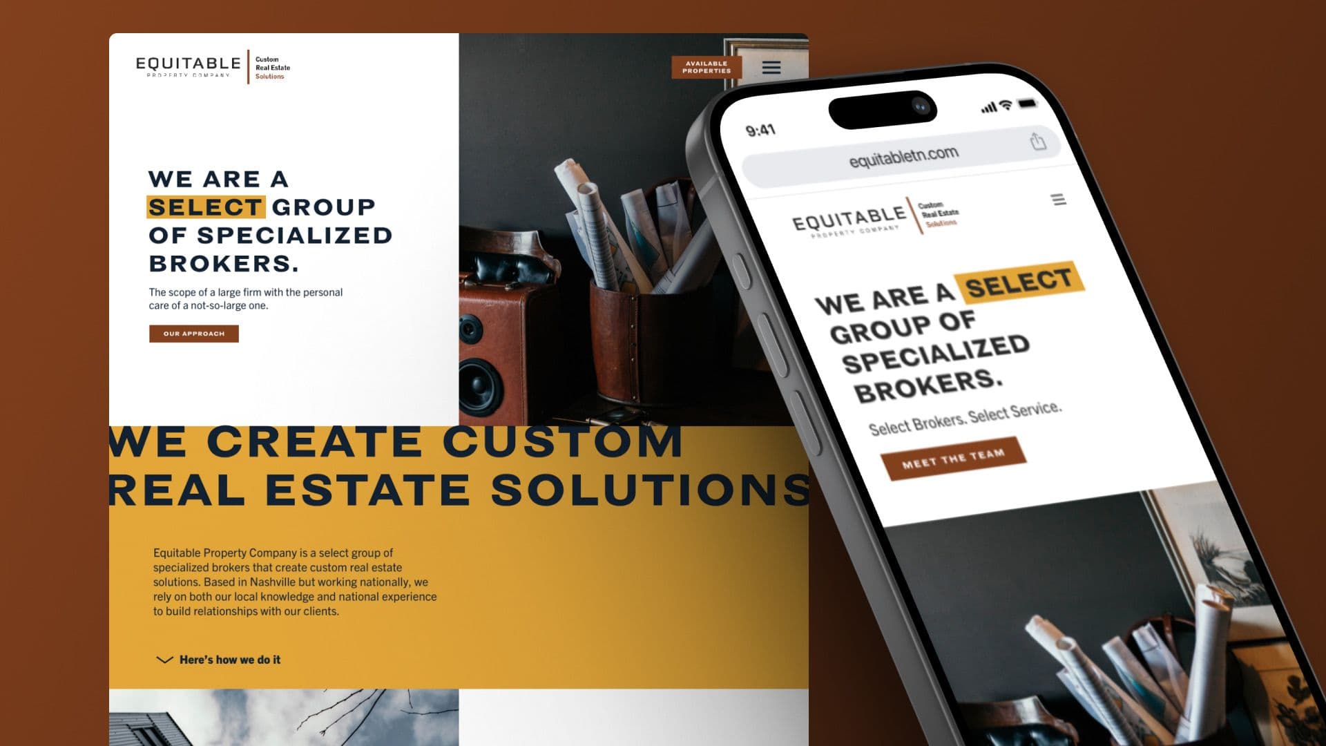 A display showing the Equitable Property Company website on a desktop screen and a mobile phone, featuring the headline "We are a select group of specialized brokers."