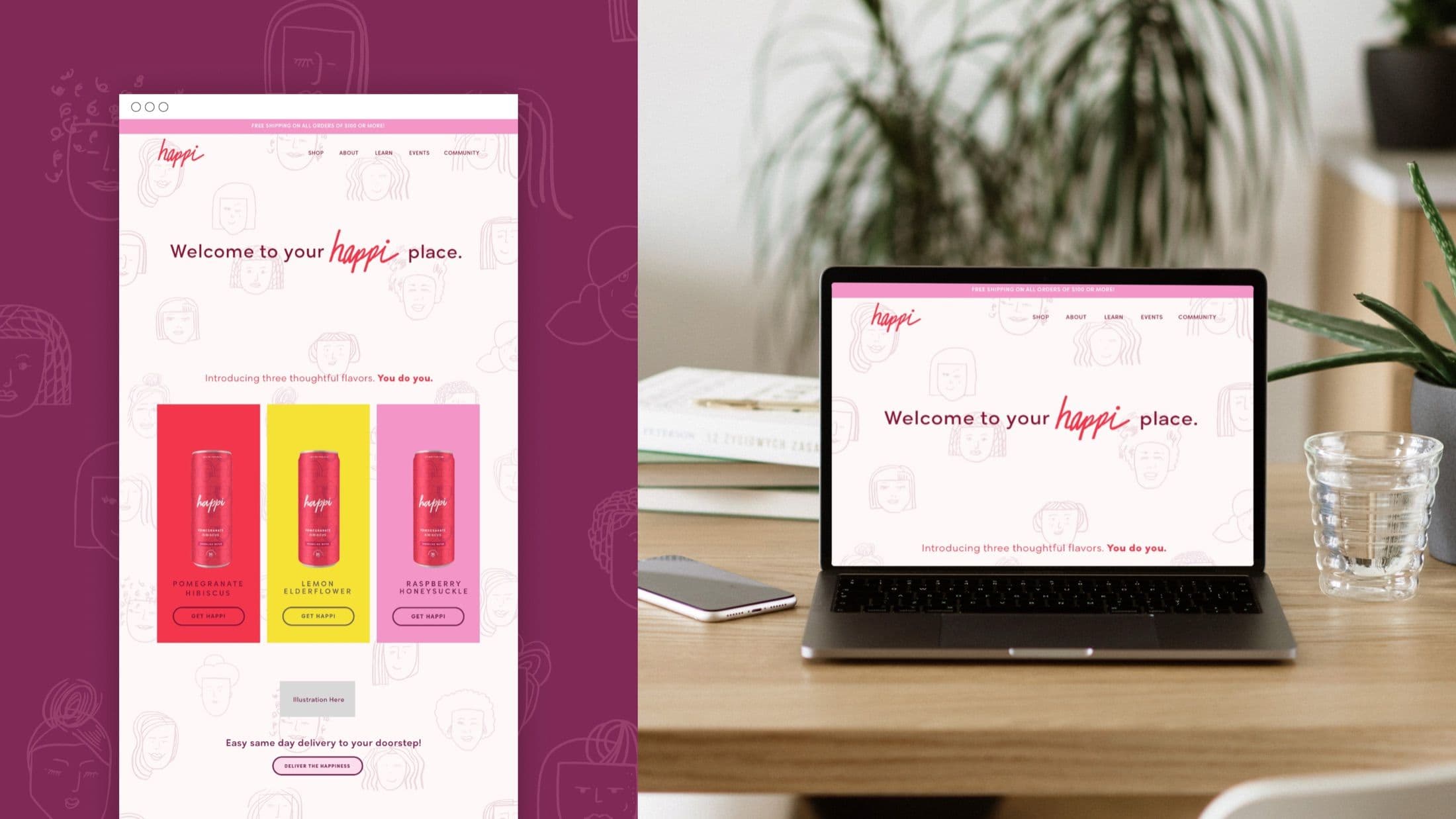 Happi website mockup displayed on a laptop and a phone, showing three sparkling cannabis drink flavors: Pomegranate Hibiscus, Lemon Elderflower, and Raspberry Honeysuckle.