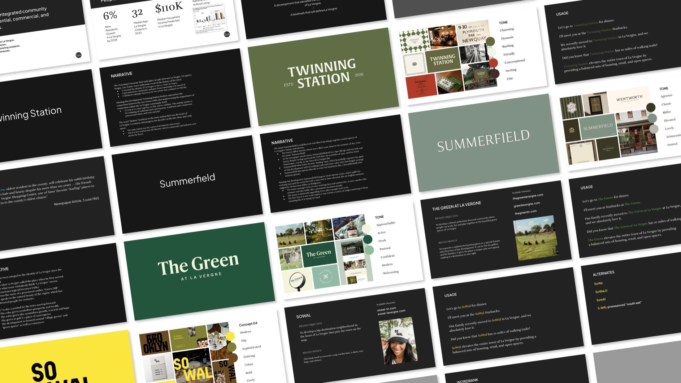 Grid view of a branding presentation deck, showing slides for 'Twinning Station,' 'Summerfield,' and 'The Green at La Vergne' with text, imagery, and financial data.