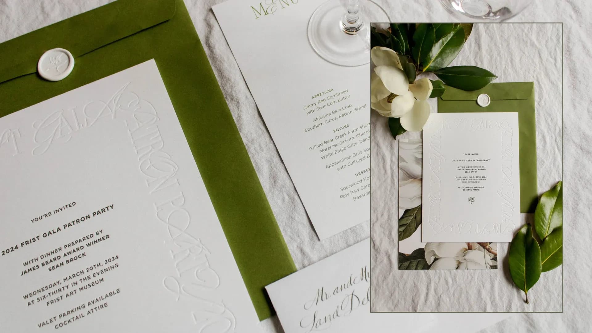 Patron Party invitation on display along with menu card and magnolia bloom