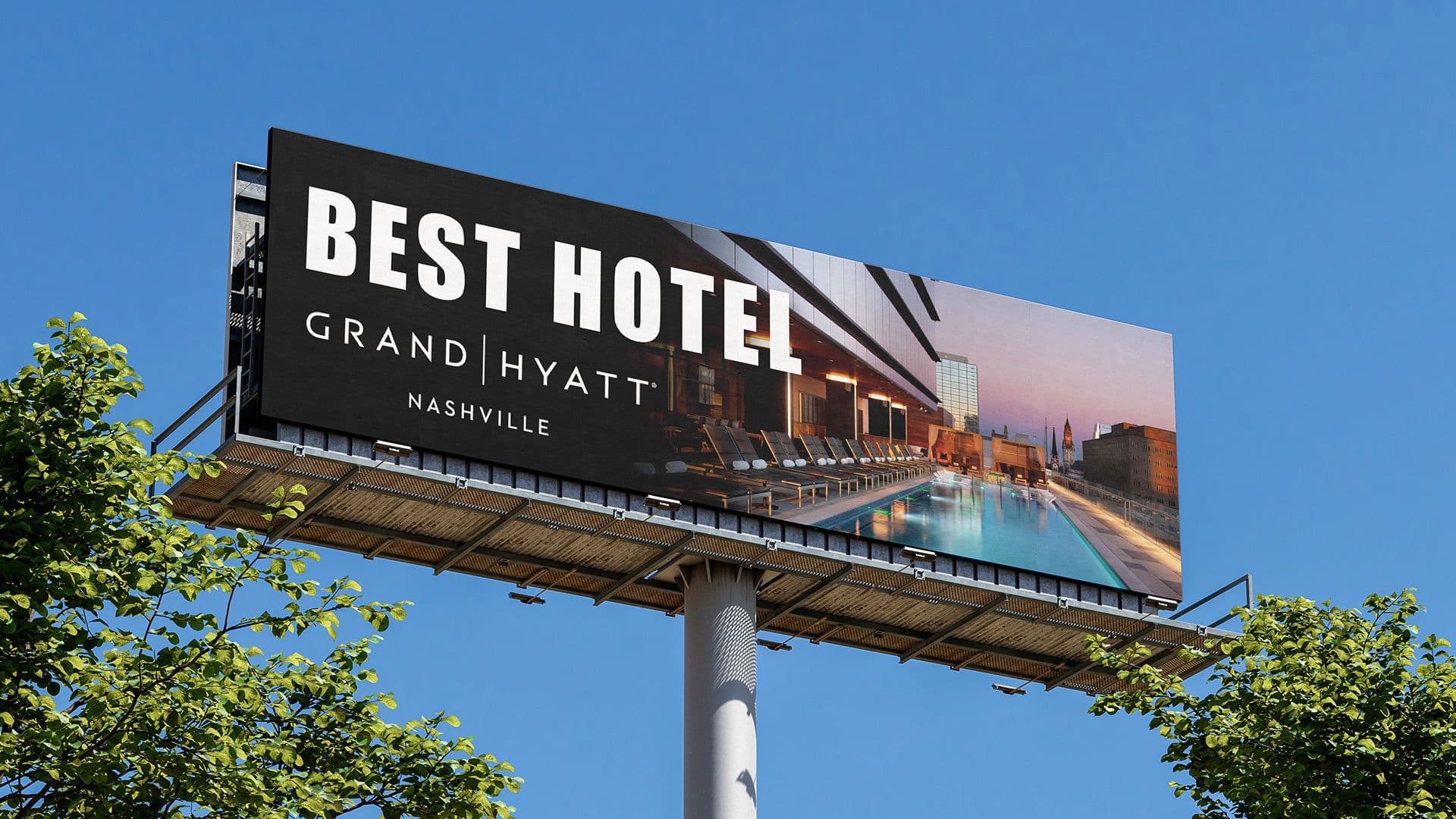 Large outdoor billboard for Grand Hyatt Nashville featuring a rooftop pool deck and the text Best Hotel.