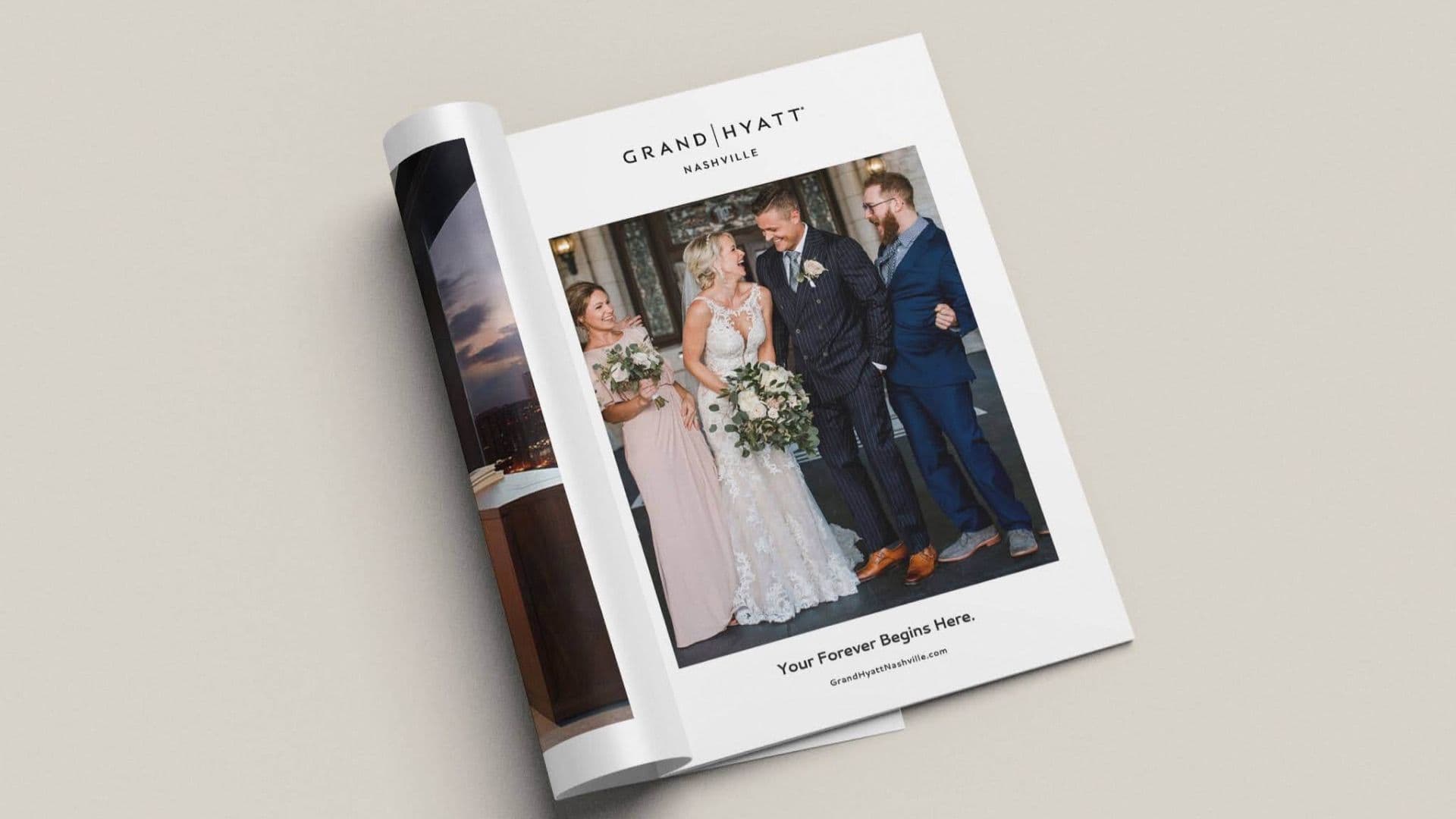 Wedding advertisement in a magazine showing a bride and groom celebrating at Grand Hyatt Nashville.