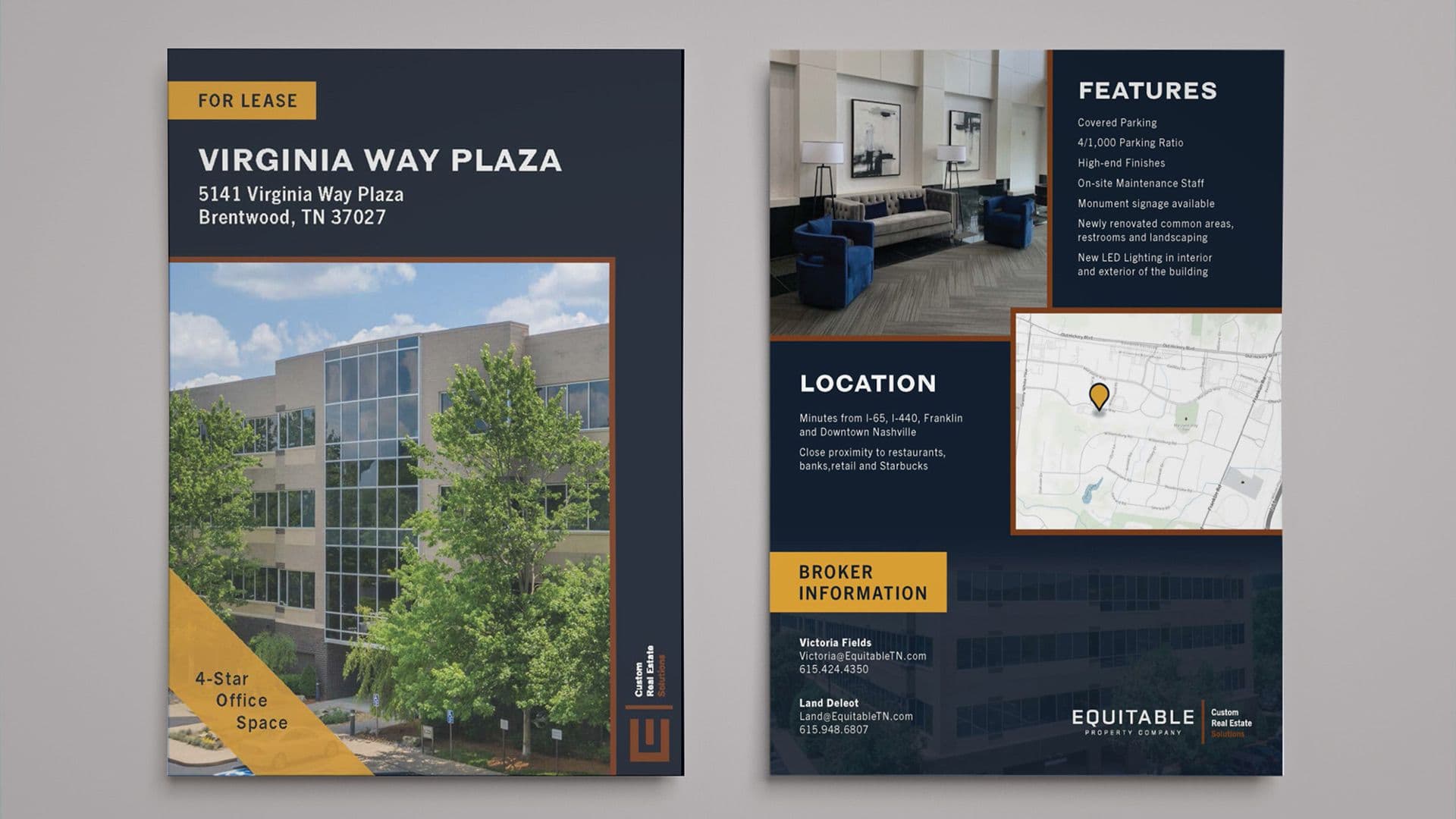 A two-sided flyer for "Virginia Way Plaza" office space for lease in Brentwood, TN, showing the building exterior, interior lobby, a map of the location, and broker contact information.