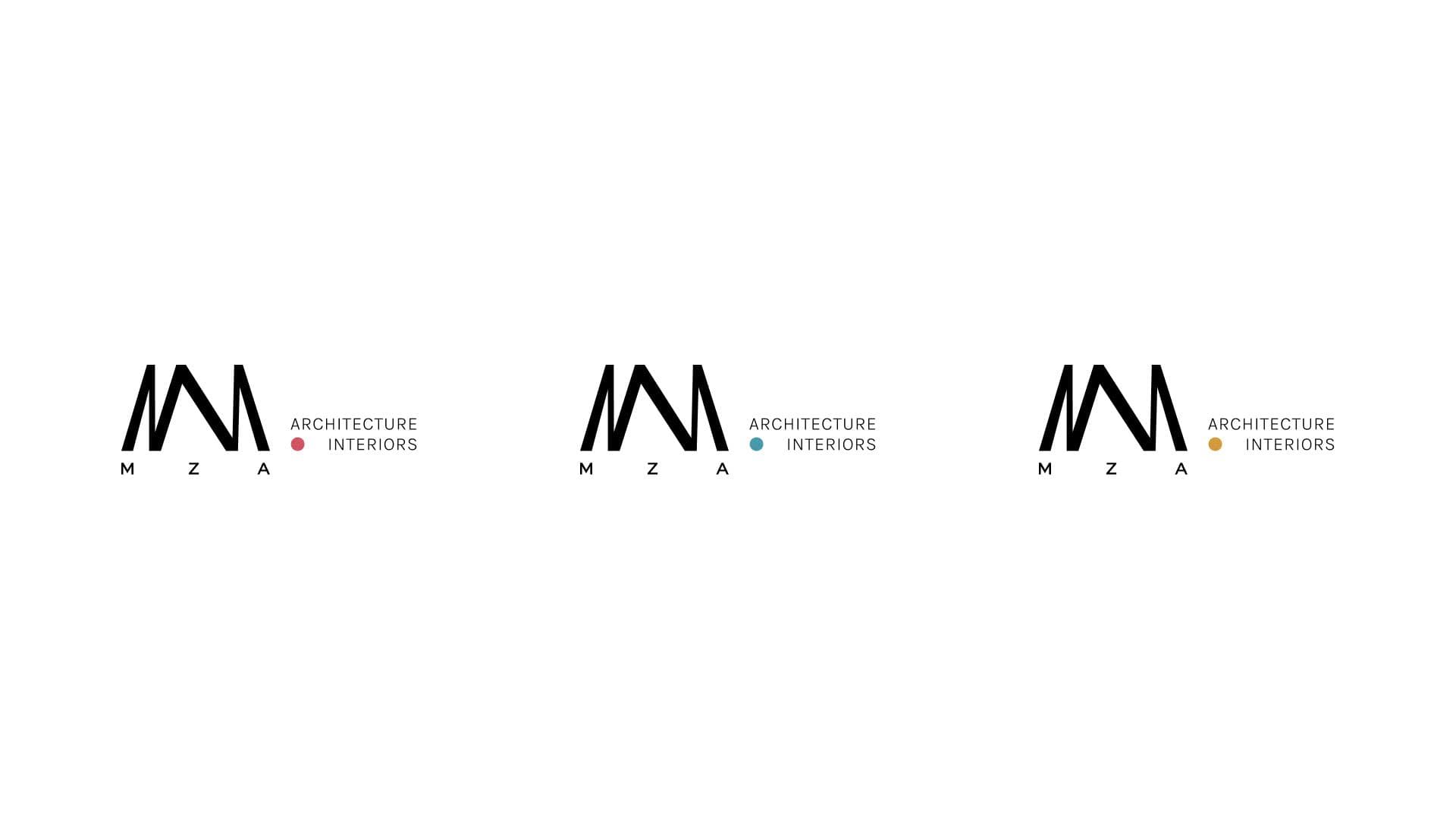Three horizontal MZA logo variations showing the secondary dot in red, blue, and gold accents.