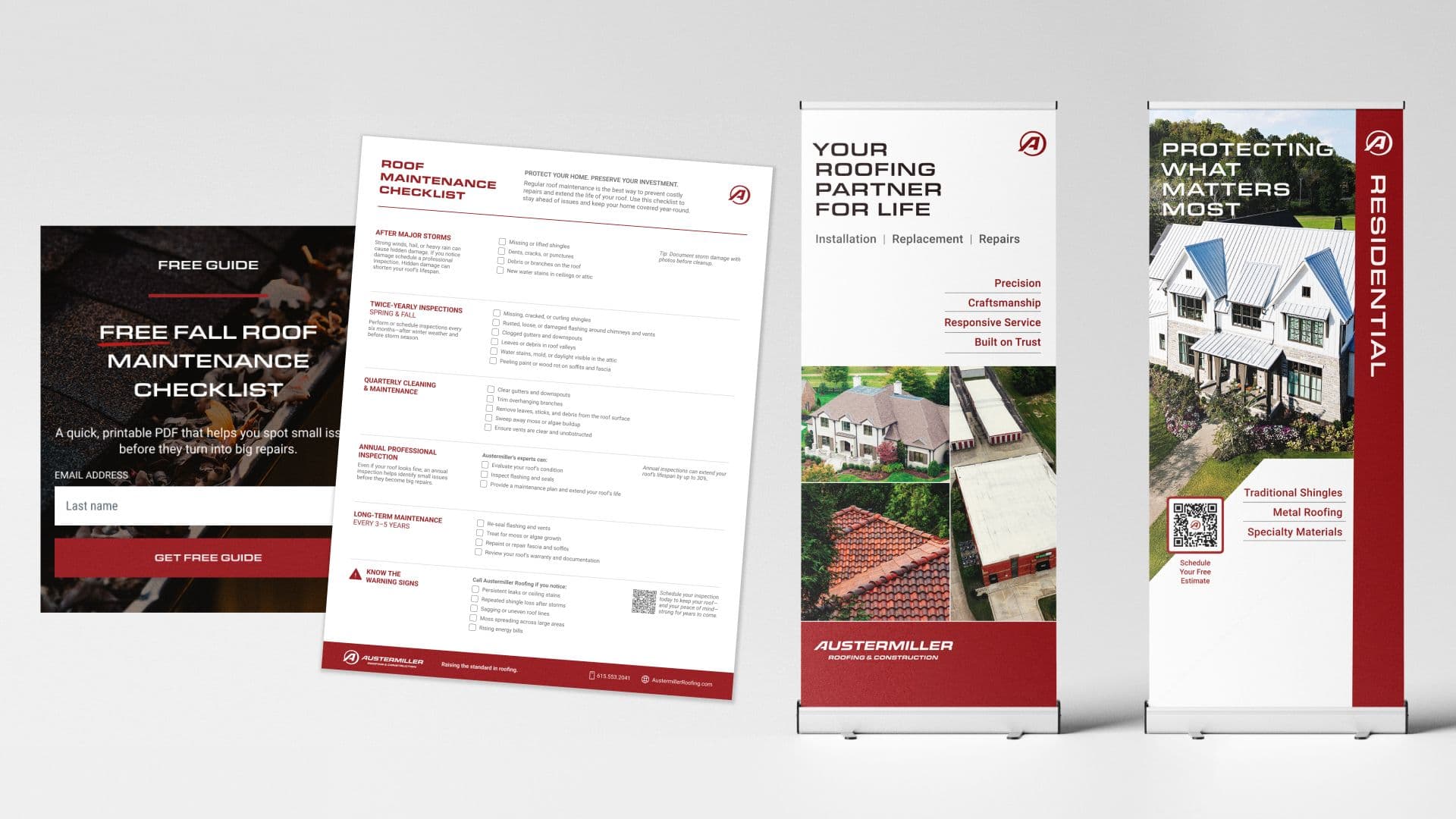 Austermiller free roof guide, checklist and pull-up banners