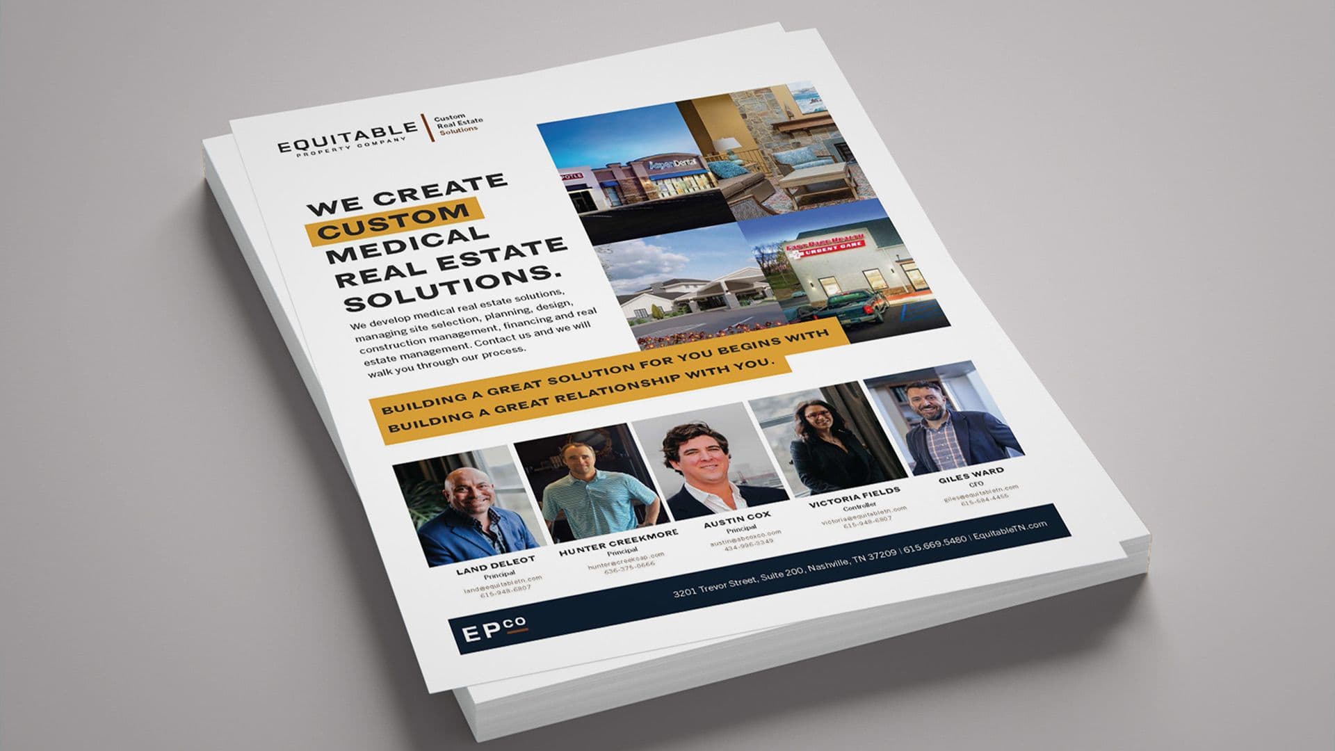 A marketing flyer titled "We Create Custom Medical Real Estate Solutions" that features a collage of medical facility images and headshots of five key team members with their titles and contact info.