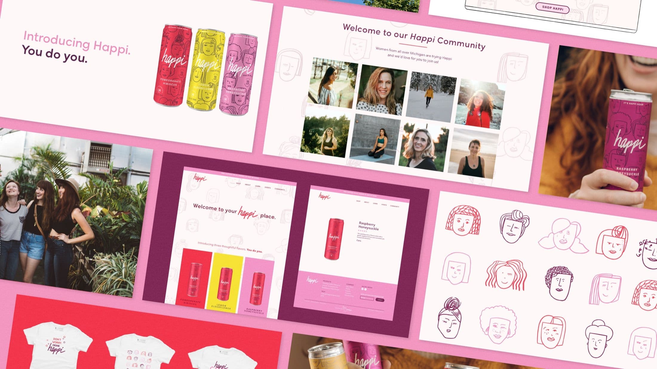 Mood board/collage showing Happi branding, including cans, website designs, a community photo gallery of users, and line-art illustrations of faces.