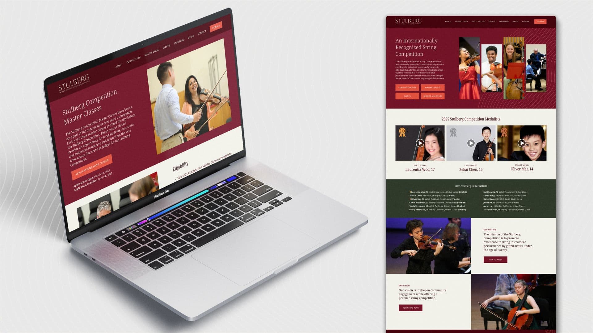Full website design for Stulberg International String Competition, showing the Master Classes page and a long scroll view of student profiles.