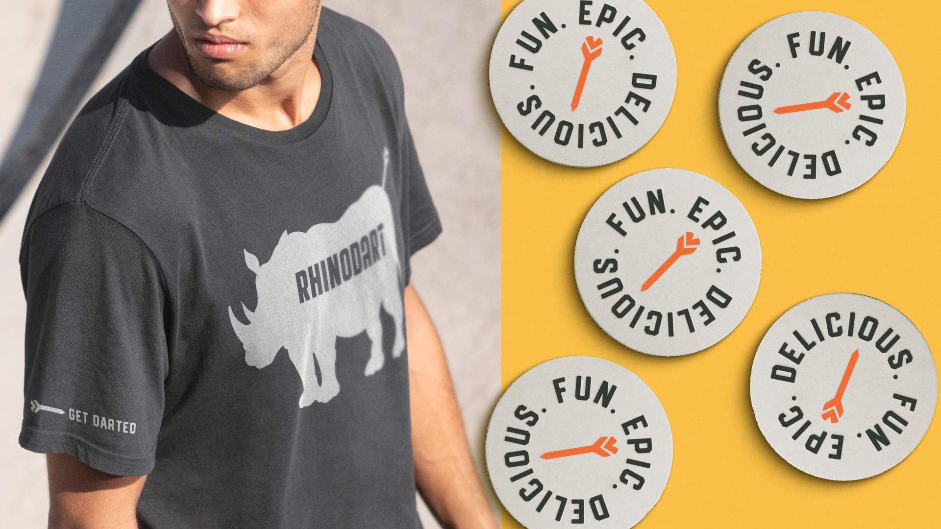 Rhinodart branded shirt and stickers