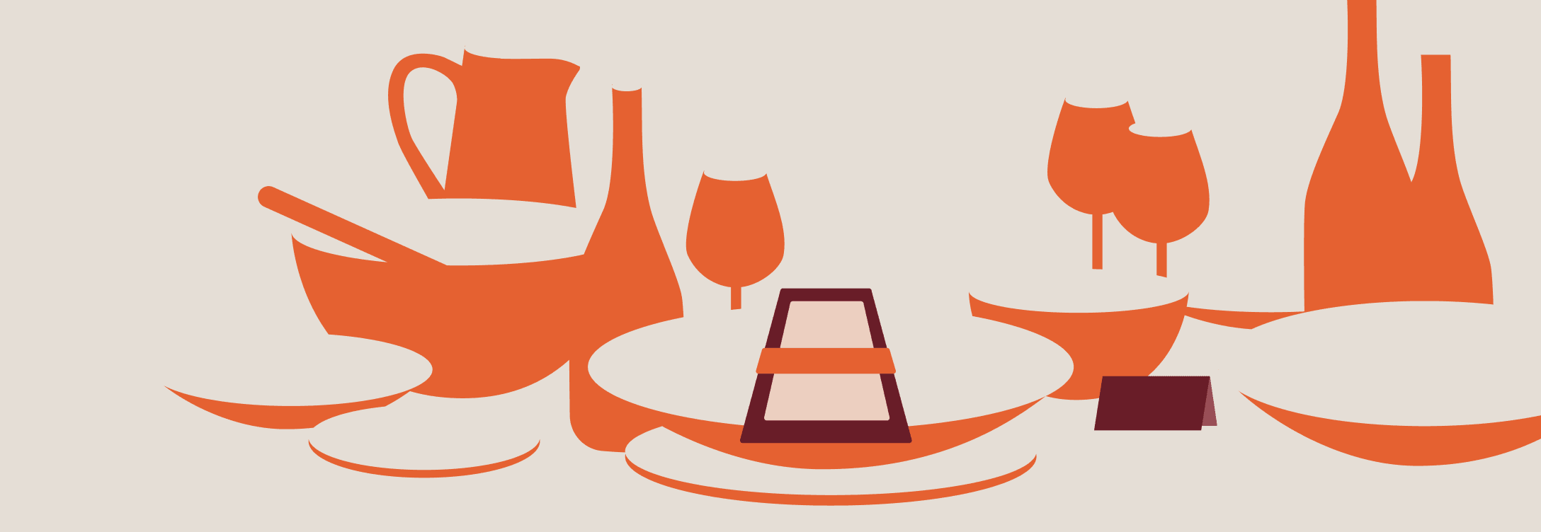 Orange silhouettes of a pitcher, wine glasses, bottles and place settings on a beige background