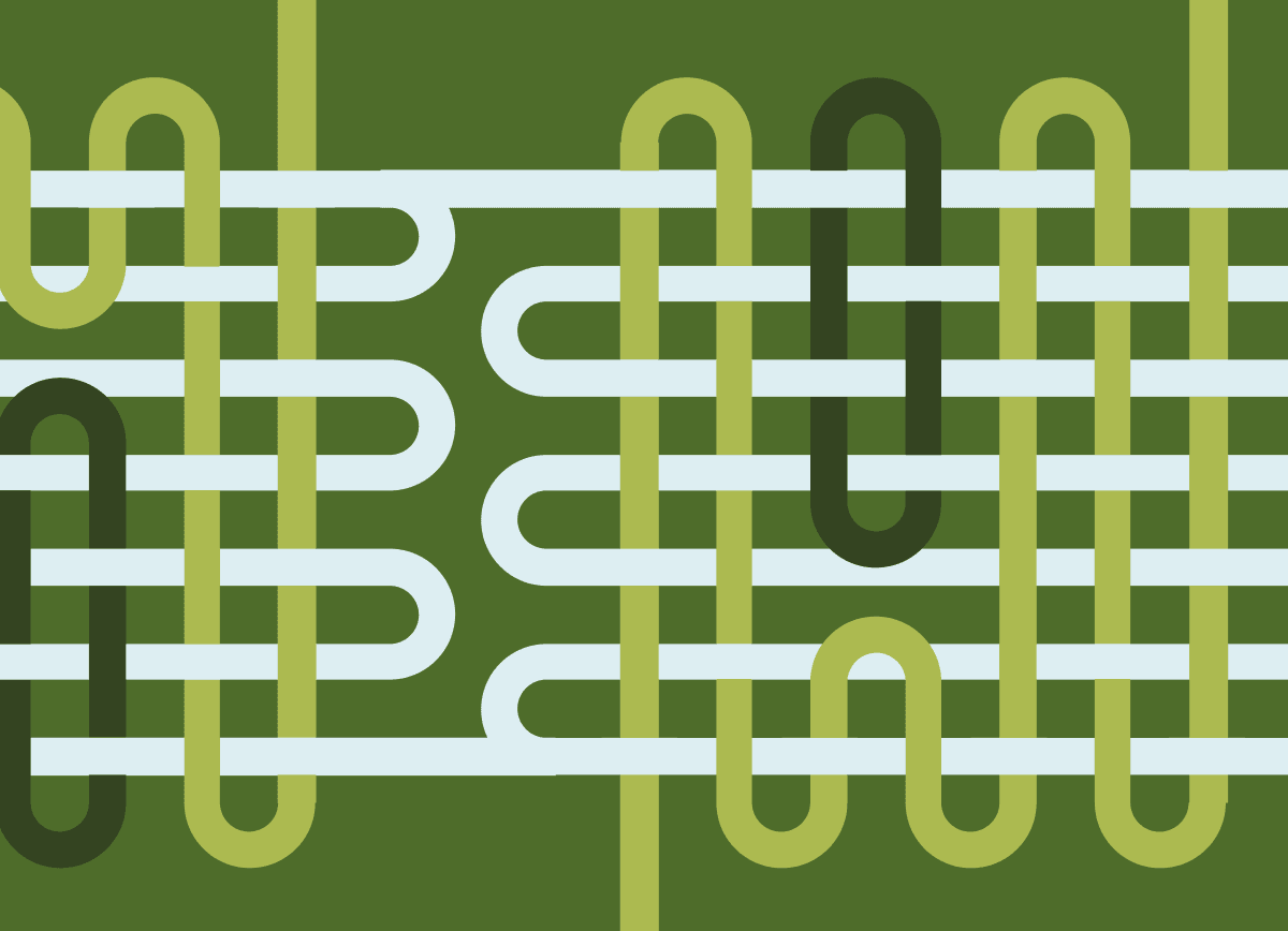 Interlocking pale blue and green looping lines on dark green