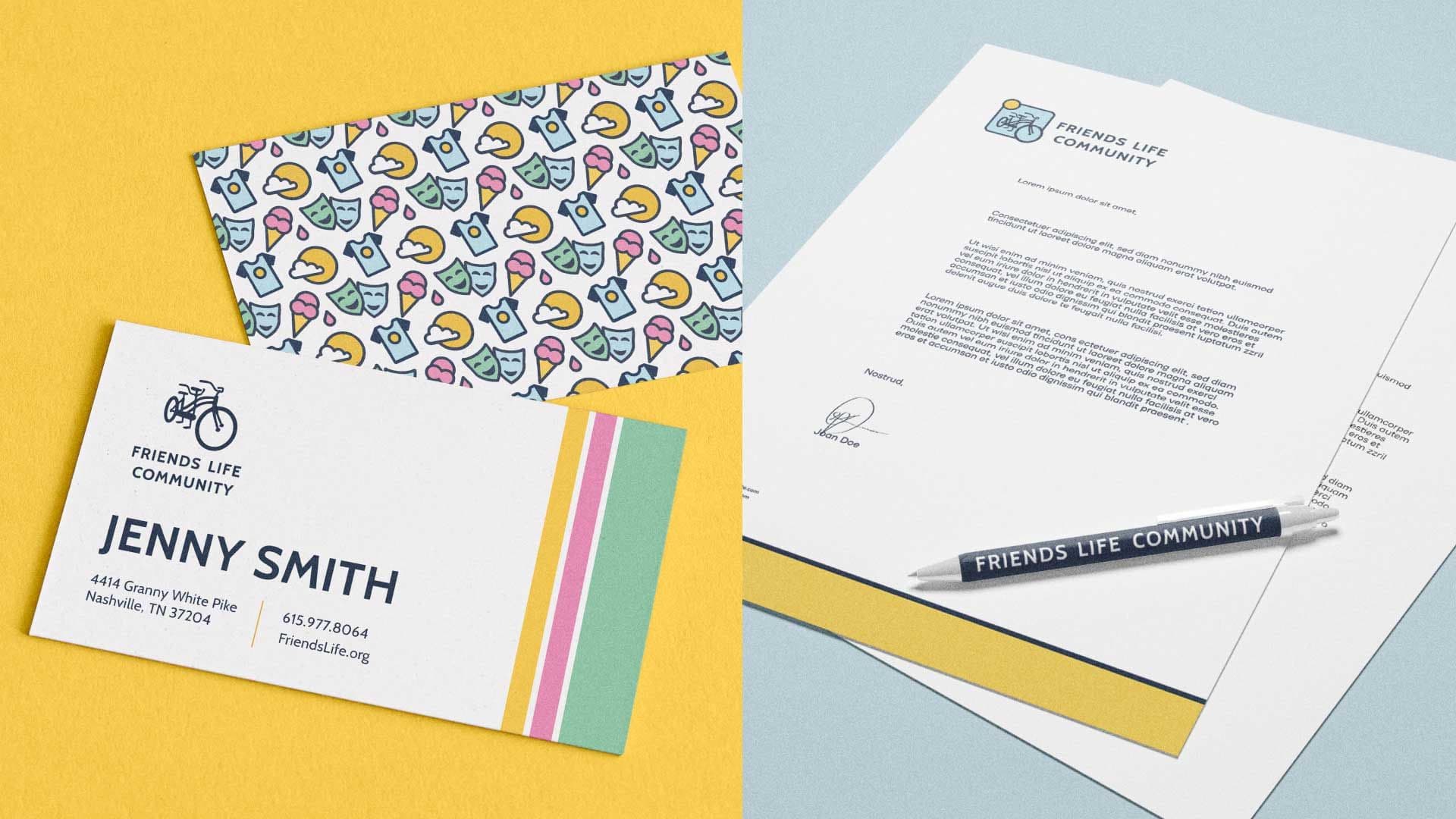 Business cards on bright yellow background on left and white paper stationery on right