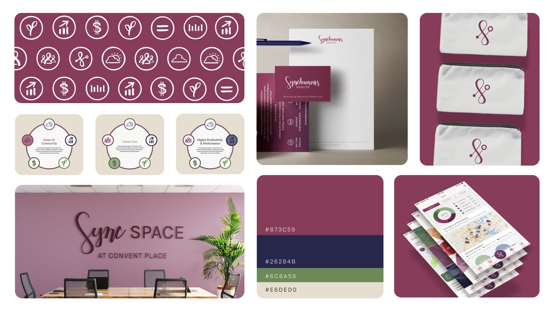 A collage shows the complete brand identity for Synchronous Health. The visuals include the company's logo, icons, and color palette, displayed across stationery, branded pouches, a physical office space, and a mobile app interface.