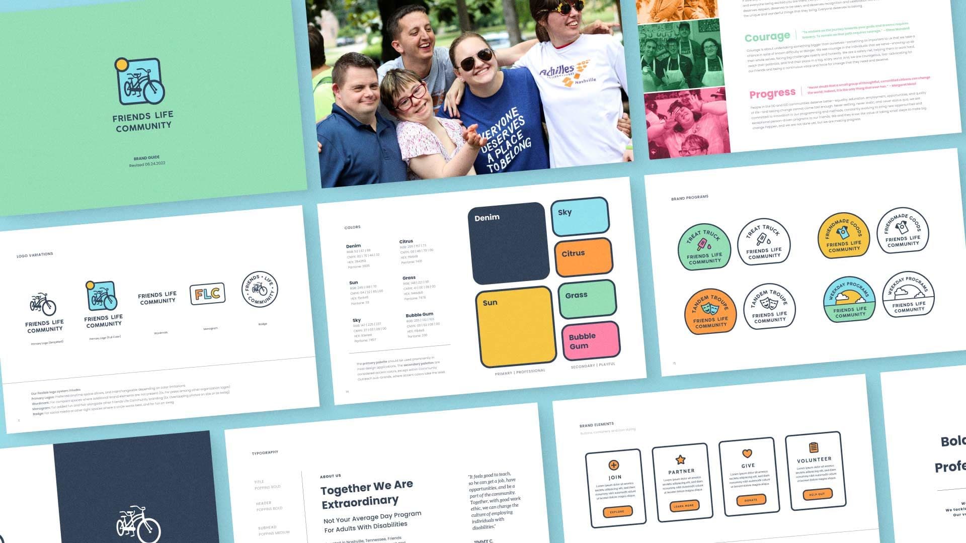 Grid of pages from the brand guide on a seafoam green background