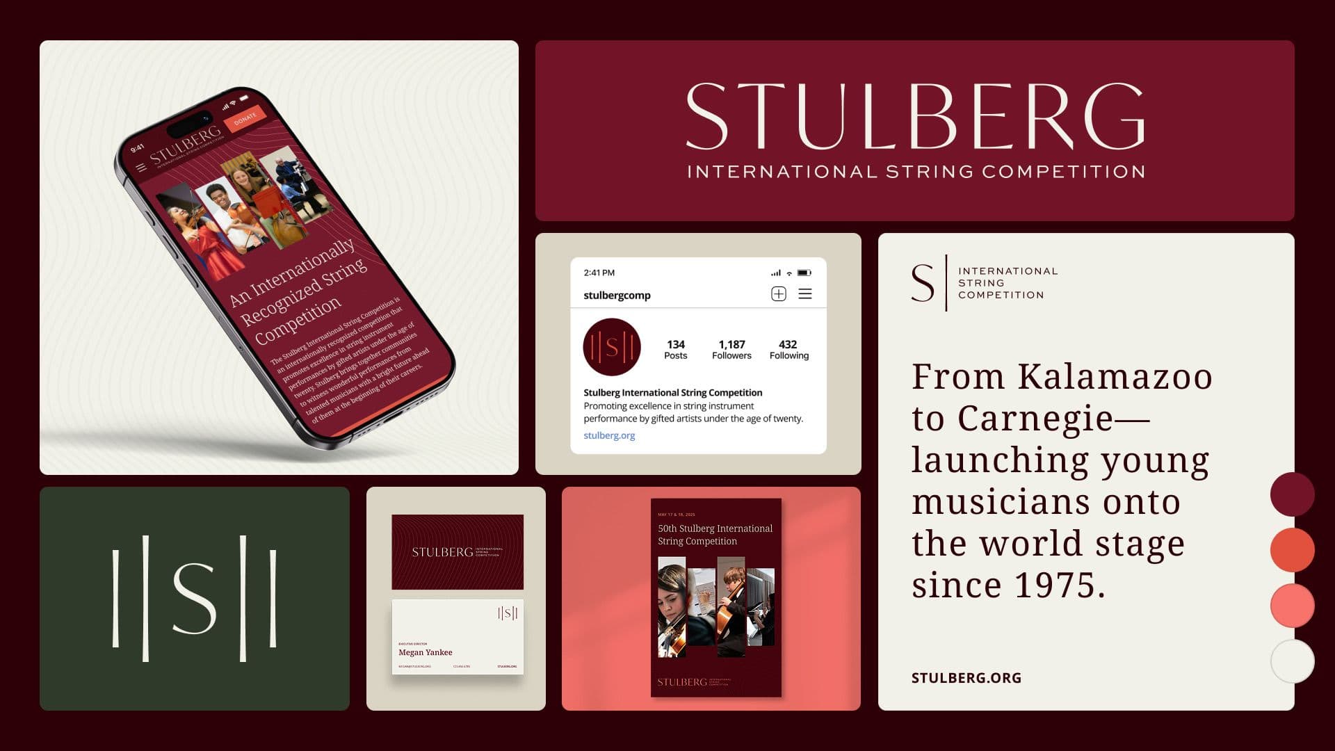 Final brand identity summary for Stulberg International String Competition, featuring the logo, social media profile, mobile site, and print collateral.