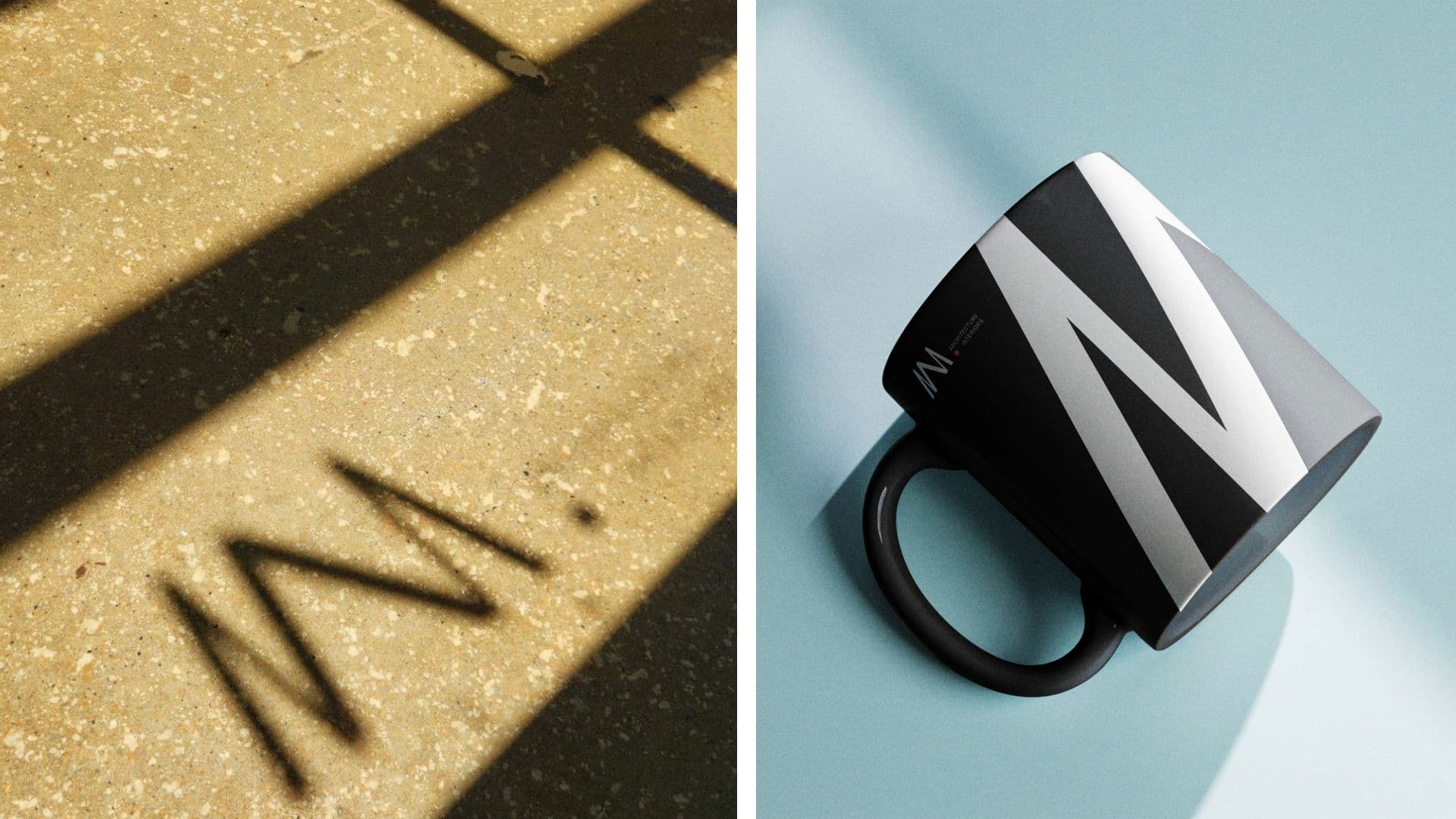 Split image showing a logo shadow cast on a concrete floor and the MZA monogram wrapped around a matte black ceramic mug.