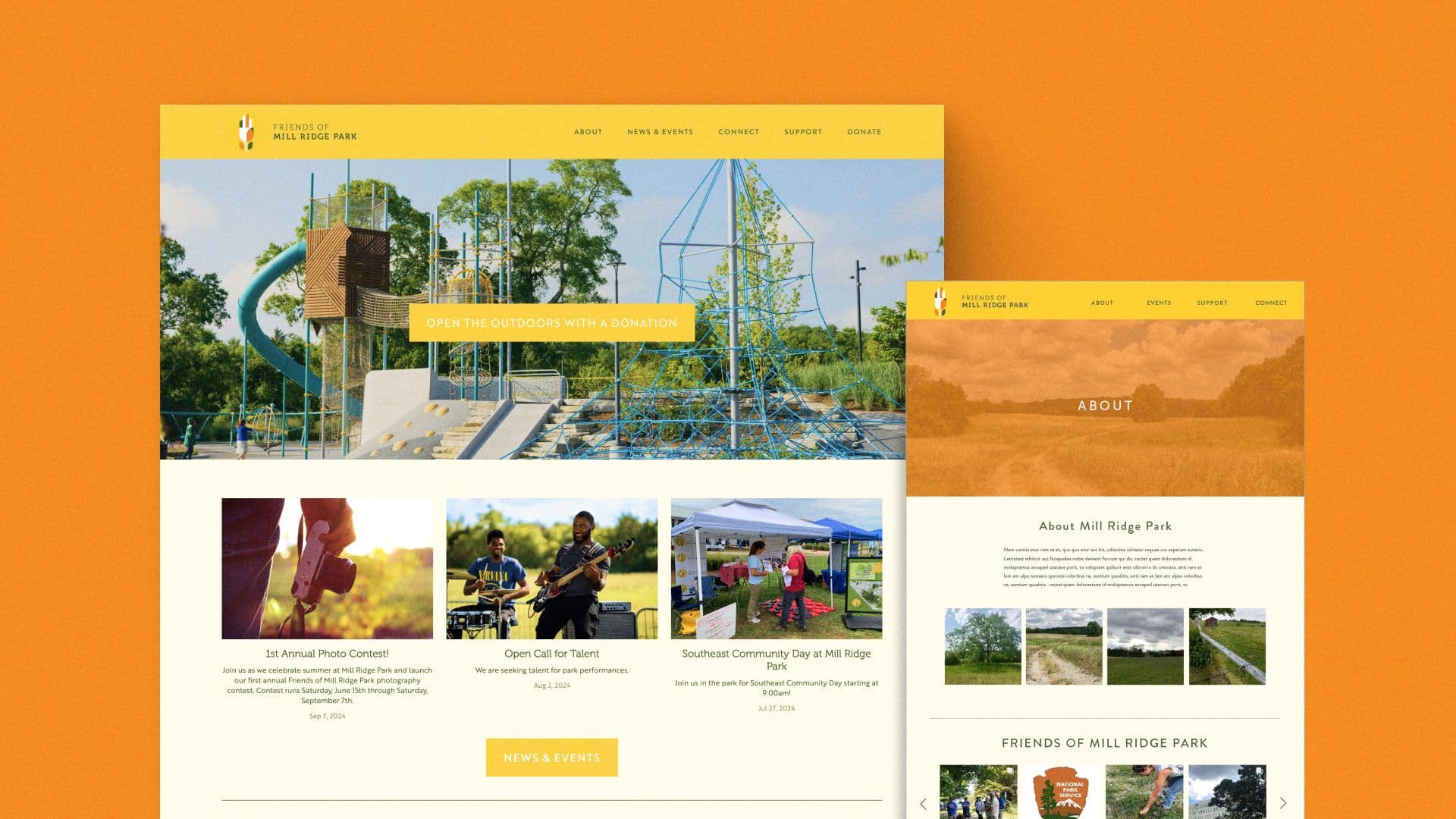 Website UI design for Mill Ridge Park showing desktop and mobile responsive layouts.