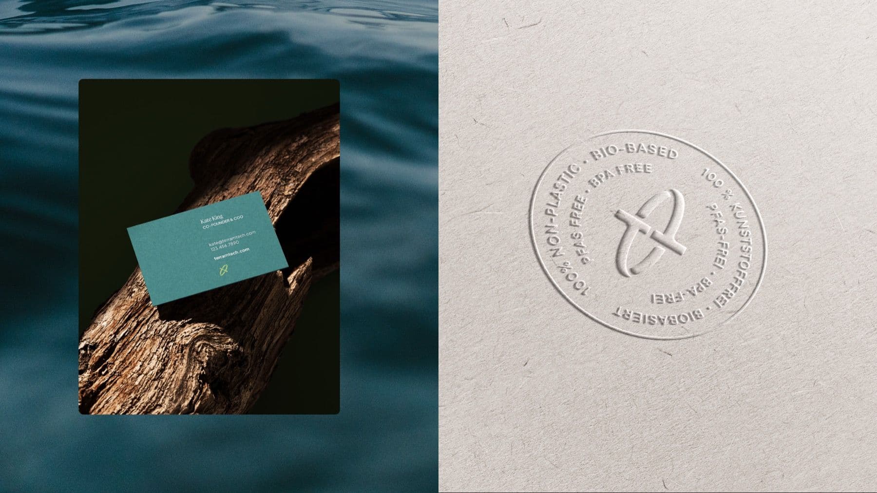 A teal material sample resting on a rock