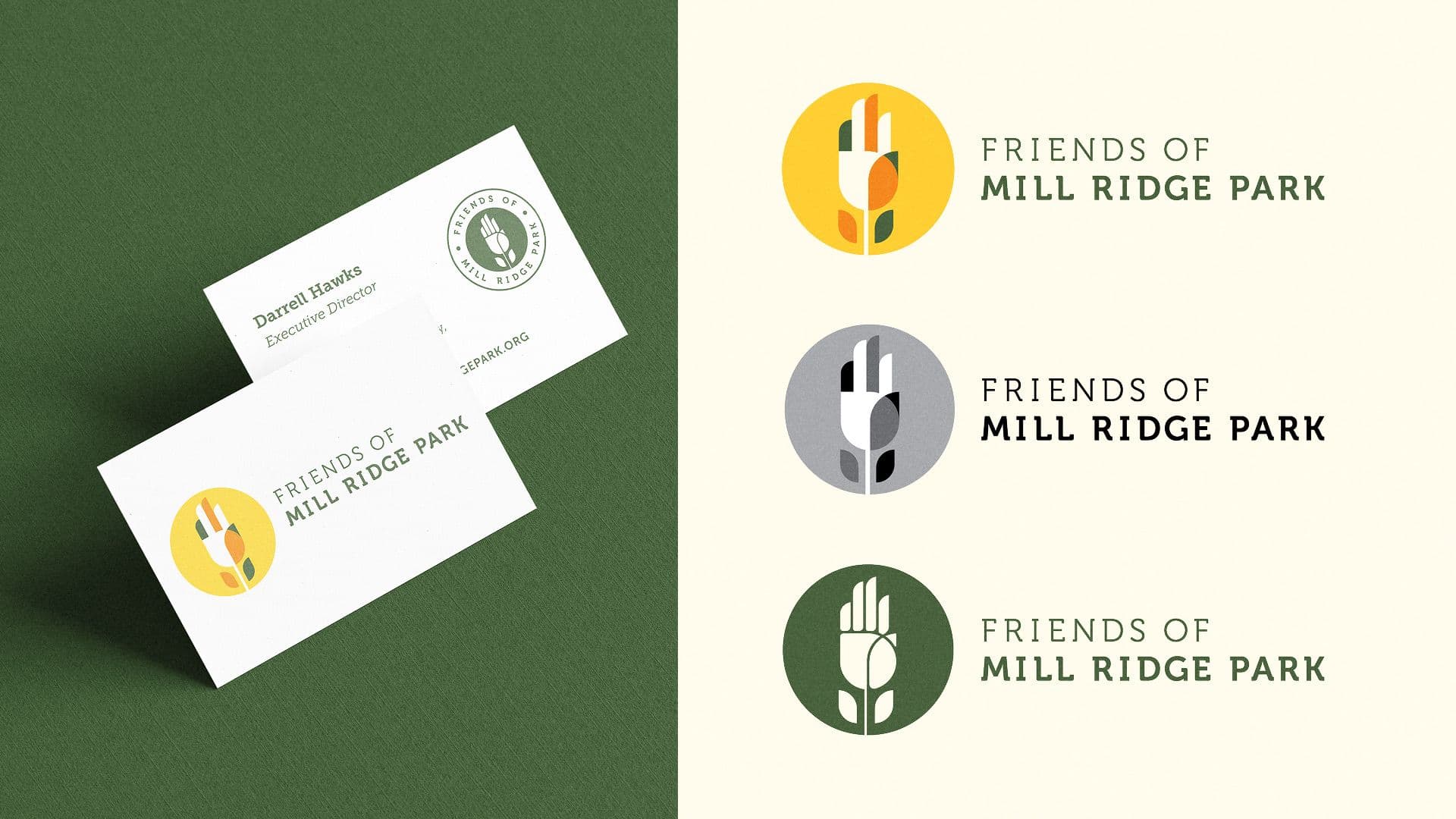 Business cards and logo variations for Friends of Mill Ridge Park in green, yellow, and black.