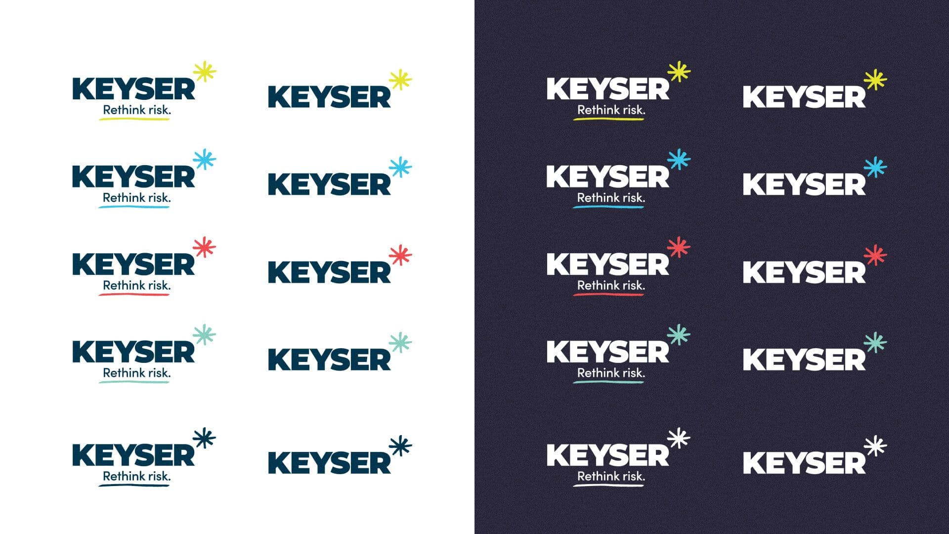Various color combinations for the Keyser logo on white and black backgrounds.
