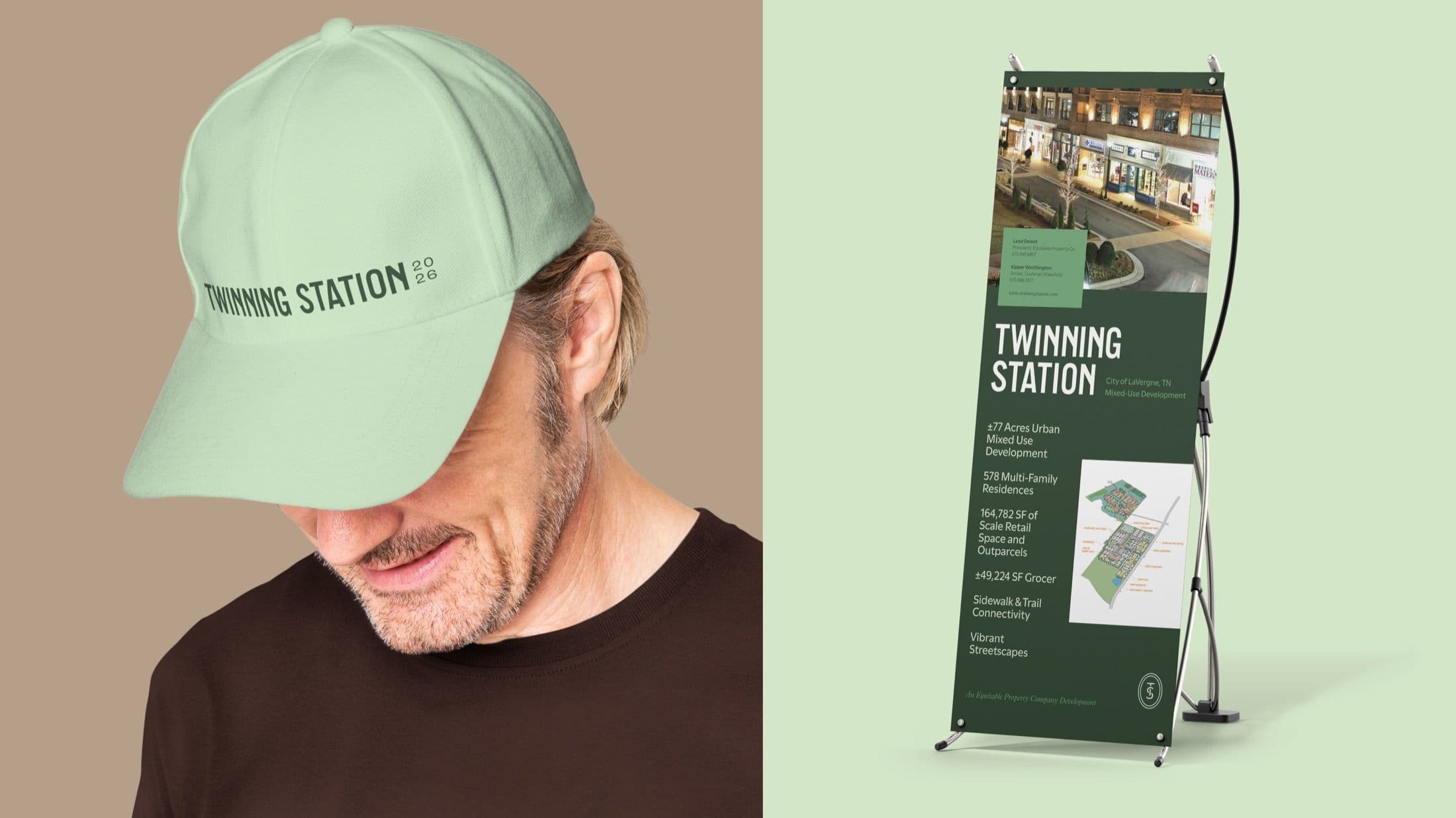 Mockup displaying Twinning Station branded materials, including a light green baseball cap and a dark green pull-up banner listing development statistics for the 77-Acre Mixed-Use project.
