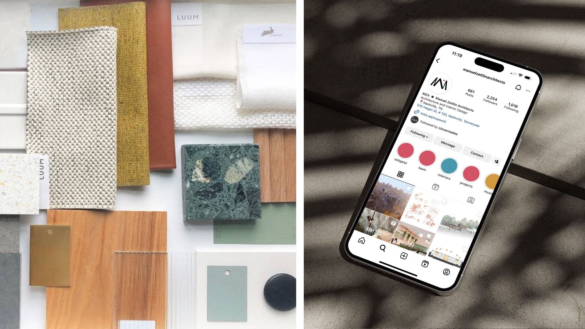 A tactile mood board of stone, wood, and fabric samples next to a smartphone displaying the MZA Architects Instagram profile.
