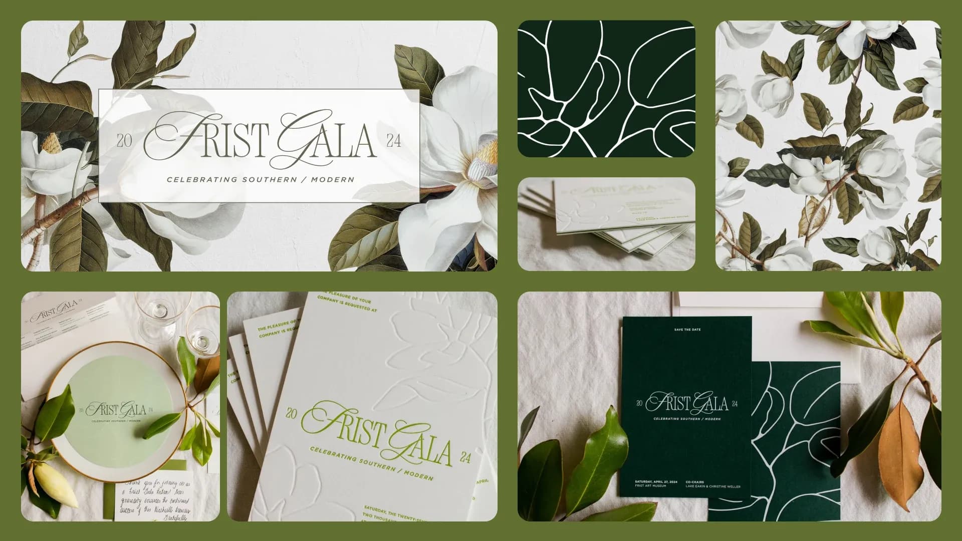 Bento box visual of the 2024 Frist Gala invitation suite and visual inspiration
