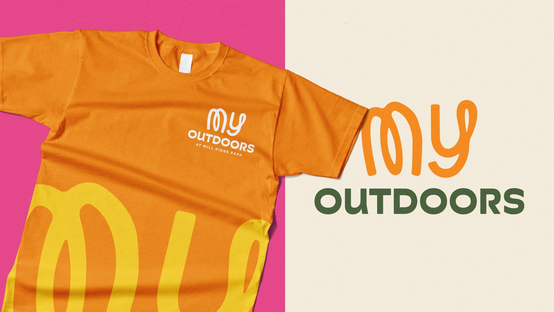 Orange "My Outdoors" t-shirt with stylized typography for Mill Ridge Park.