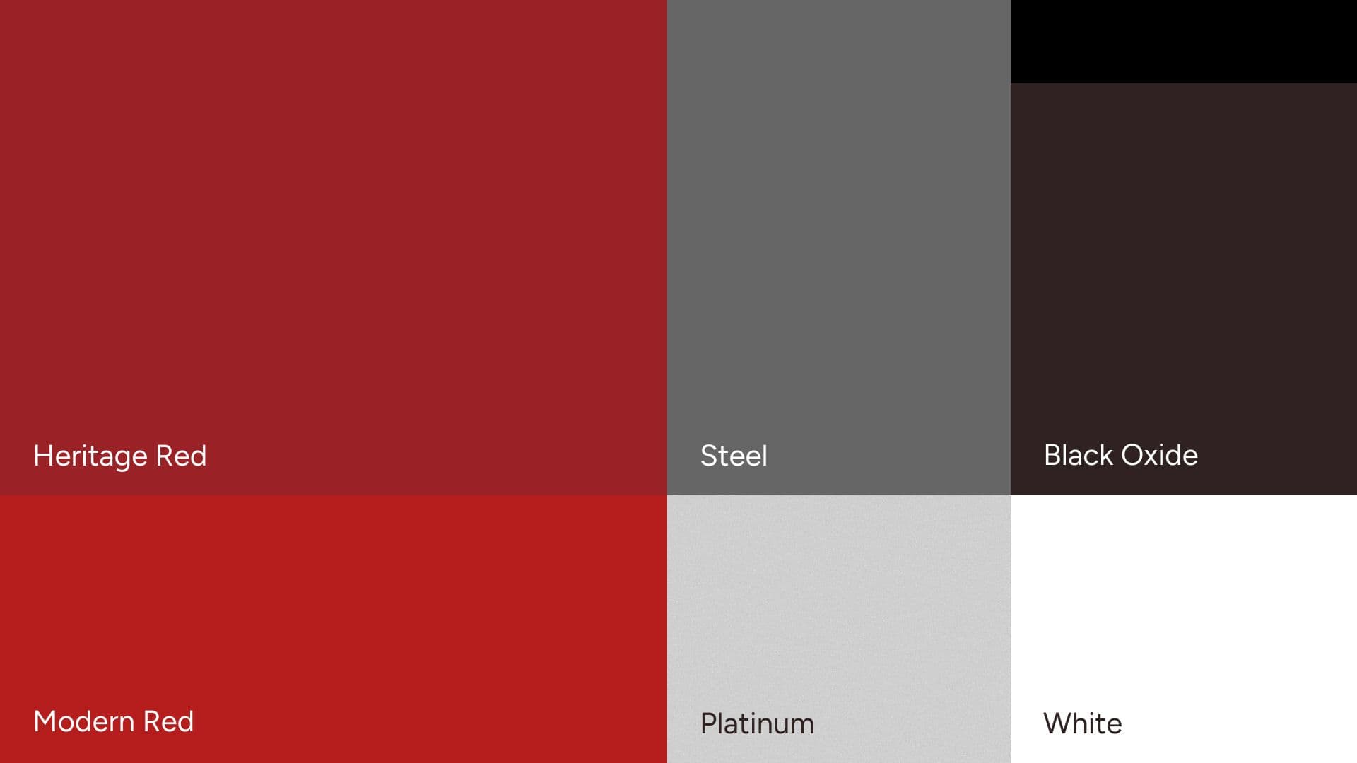 Austermiller color palette: Heritage Red, Modern Red, Steel, Platinum, Black Oxide and White