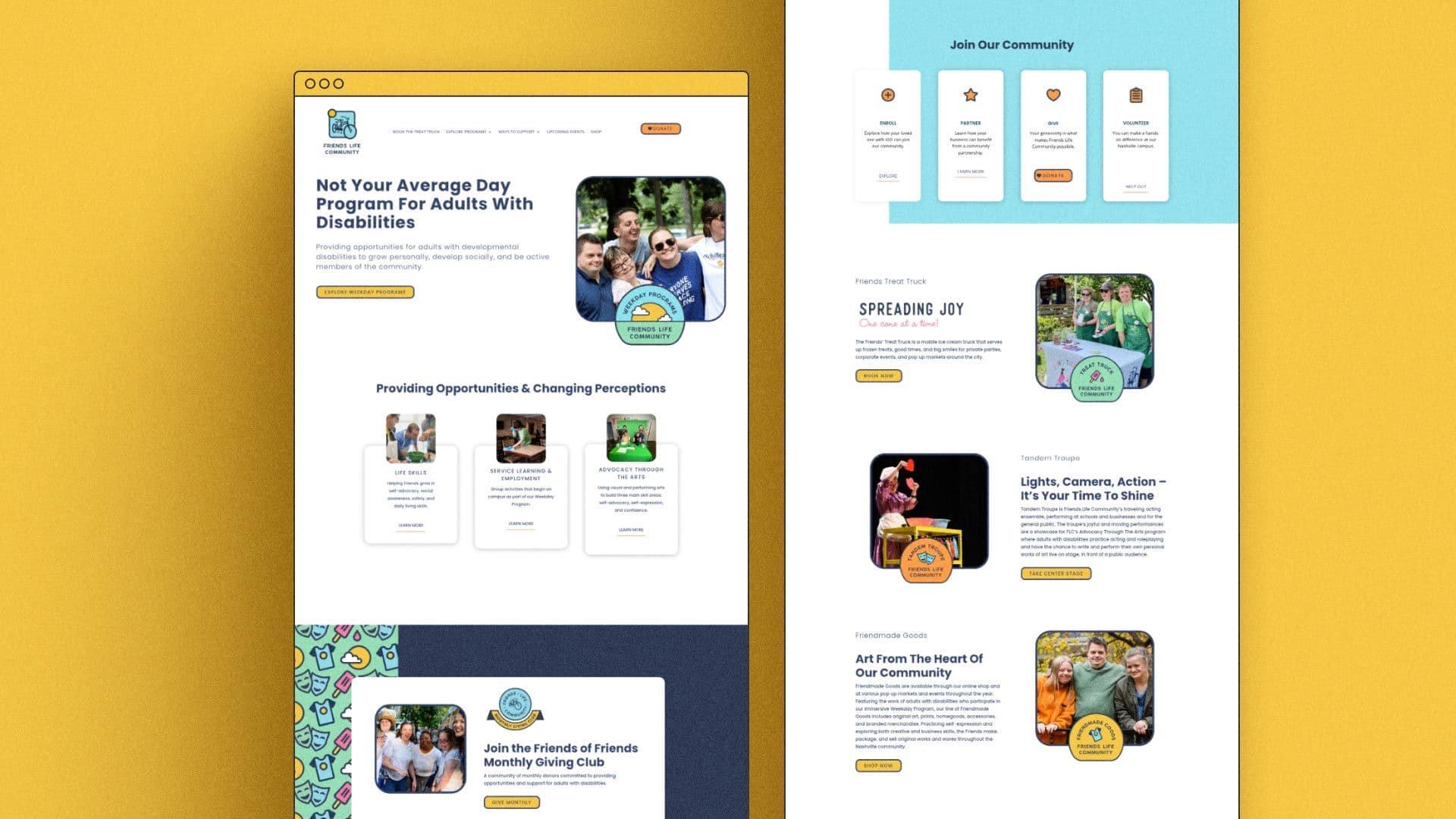 Image of the FLC website using their new brand on a yellow background