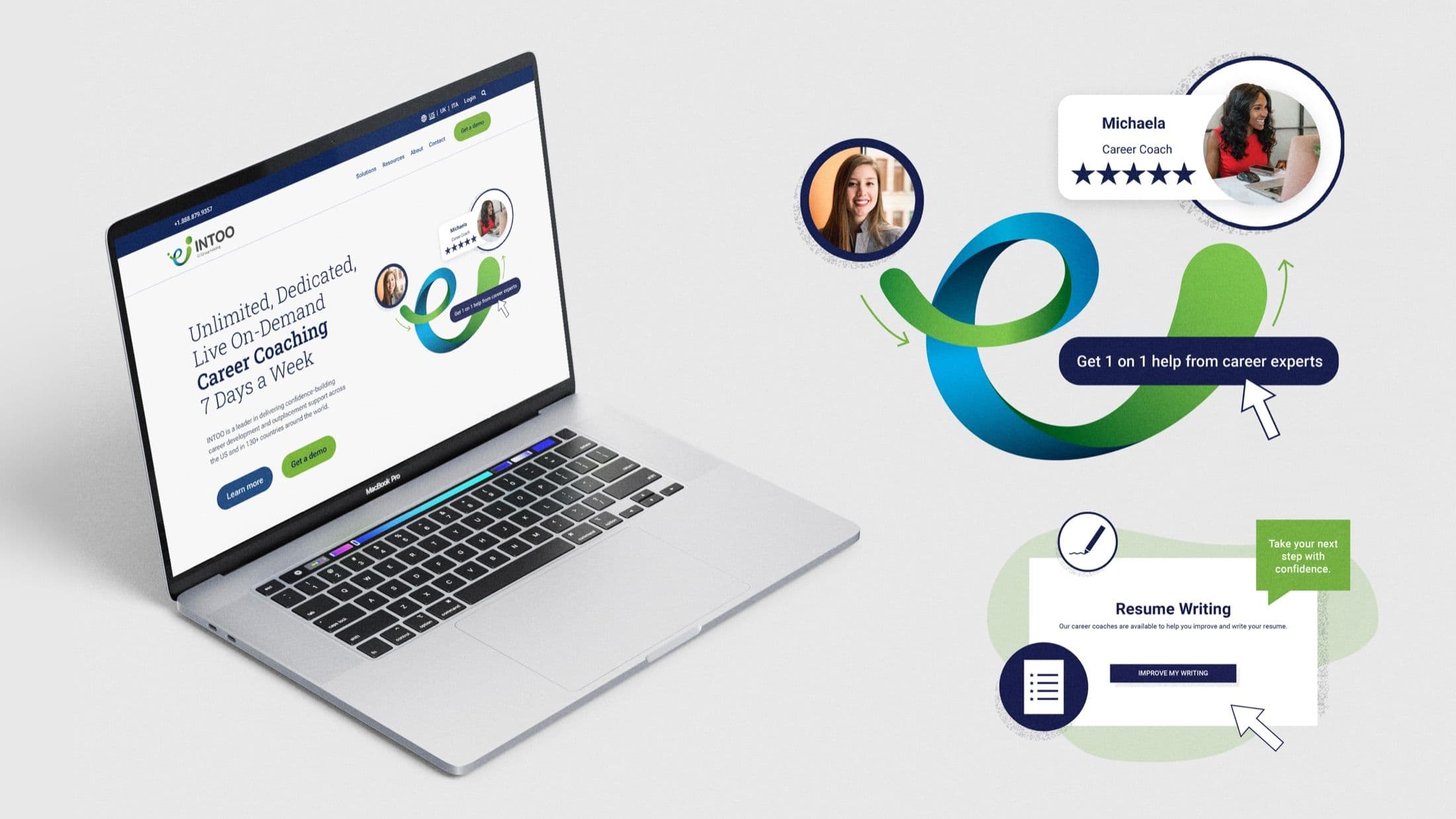Laptop displaying INTOO’s web interface, featuring blue and green visual icons that reflect the brand’s refreshed digital design system.
