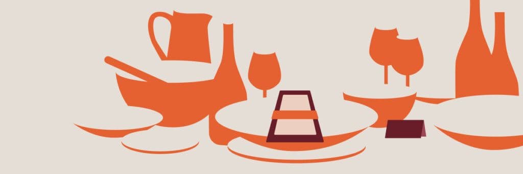 An abstract, stylized illustration showing a dinner setting. Objects rendered in solid orange and a darker accent color include plates, a bowl with a spoon, a pitcher, wine bottles and glasses, a small tent card, and a folded napkin or menu in the center.