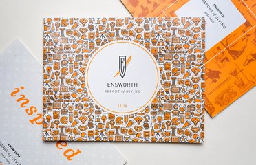 Ensworth brand materials with an orange feather pattern