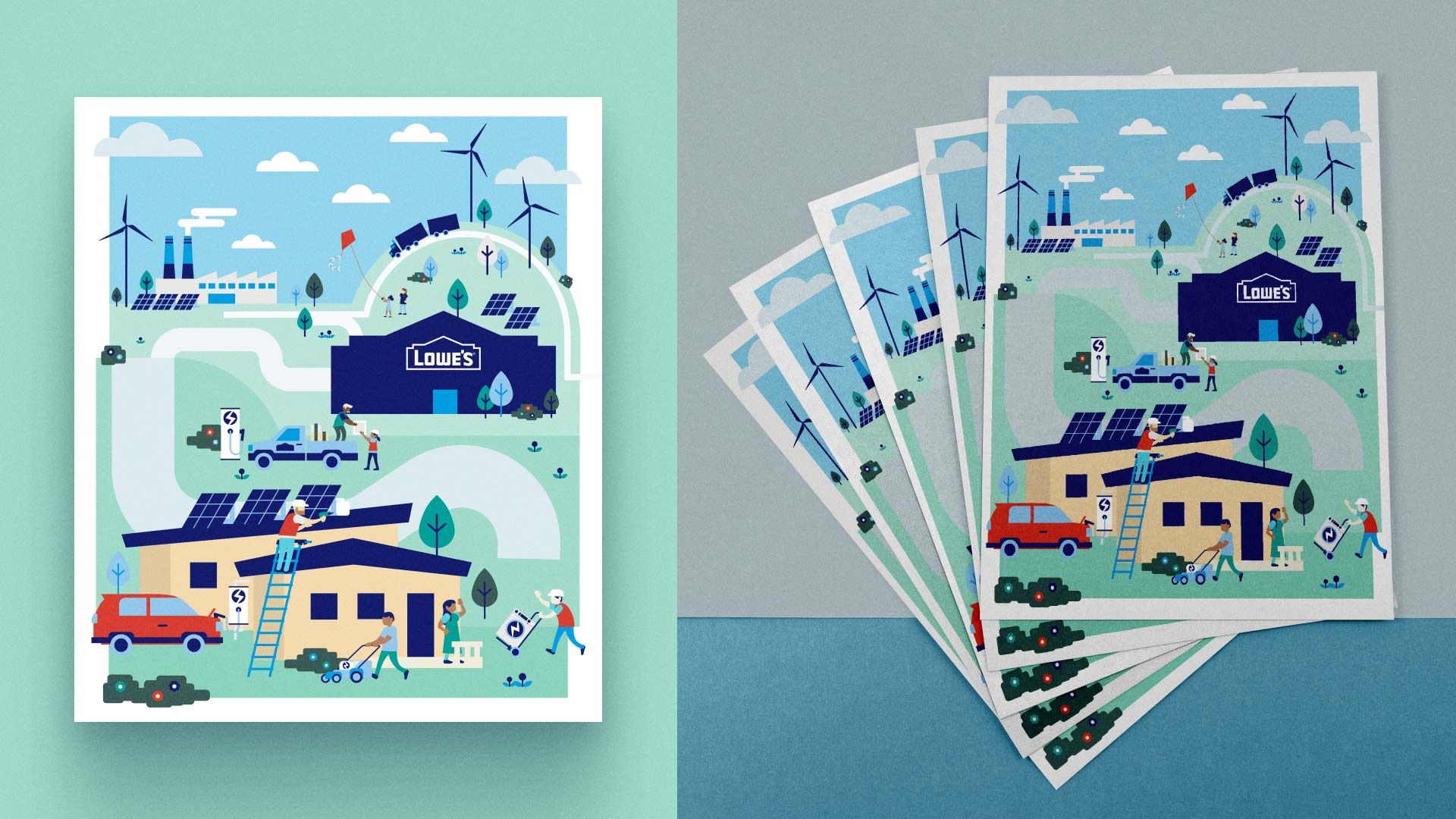 Illustration of a community using materials purchased at Lowe's to build a home