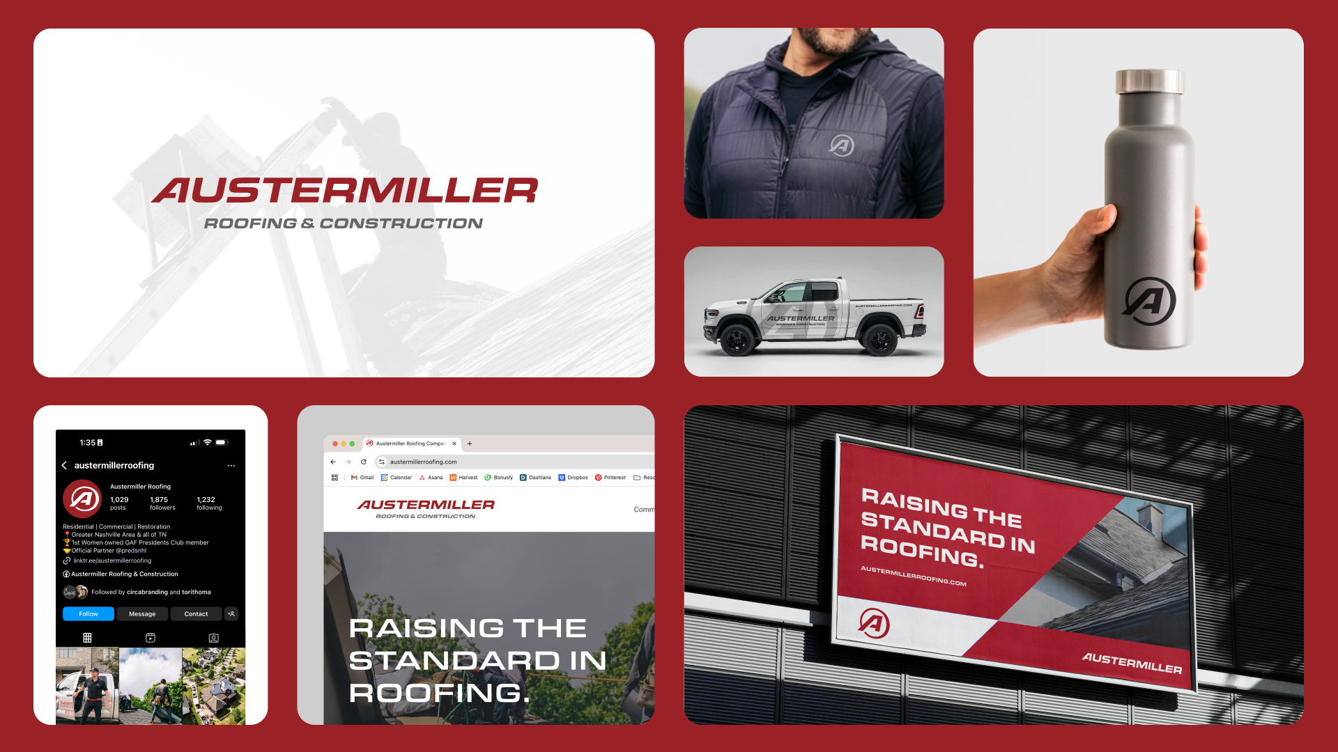 Mockups of the Austermiller applied logo on: overlaid on a photo of a roofer, a zip up vest, a pickup truck, a water bottle, on a billboard reading "Raising the Standard in Roofing," on the website, and with an updated profile badge on Instagram. 