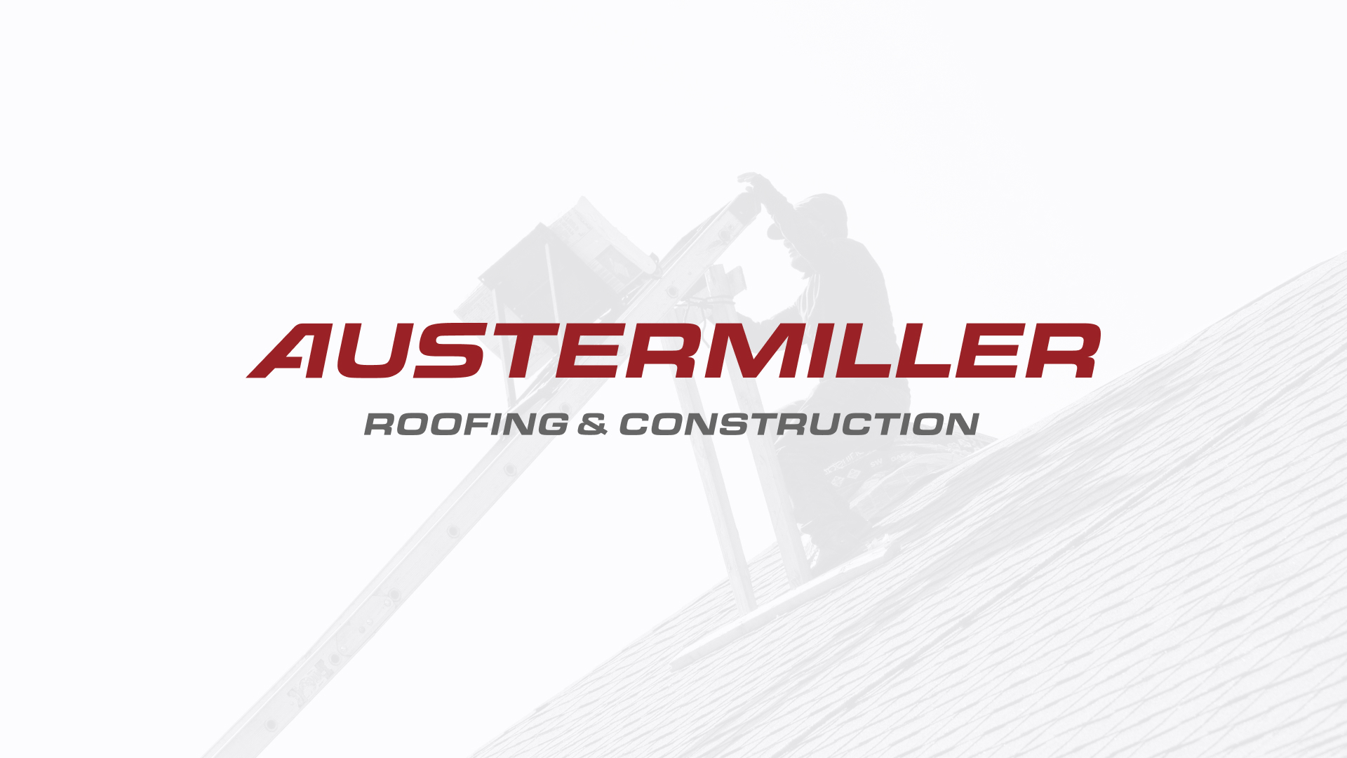 The Austermiller Roofing & Construction refreshed logo overlaid a watermarked photo of a roofer with a ladder on a roof in Nashville Tennessee. 