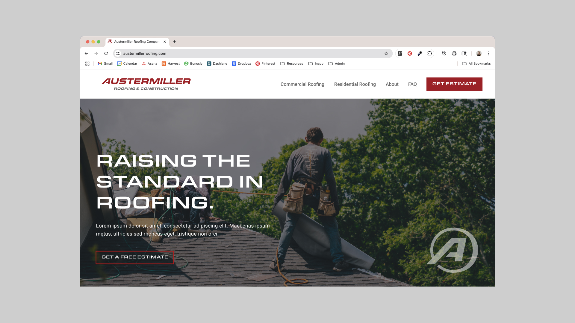 A mockup of the Austermiller website with the loco icon uploaded as the favicon and revised logo in the header of the website. 
