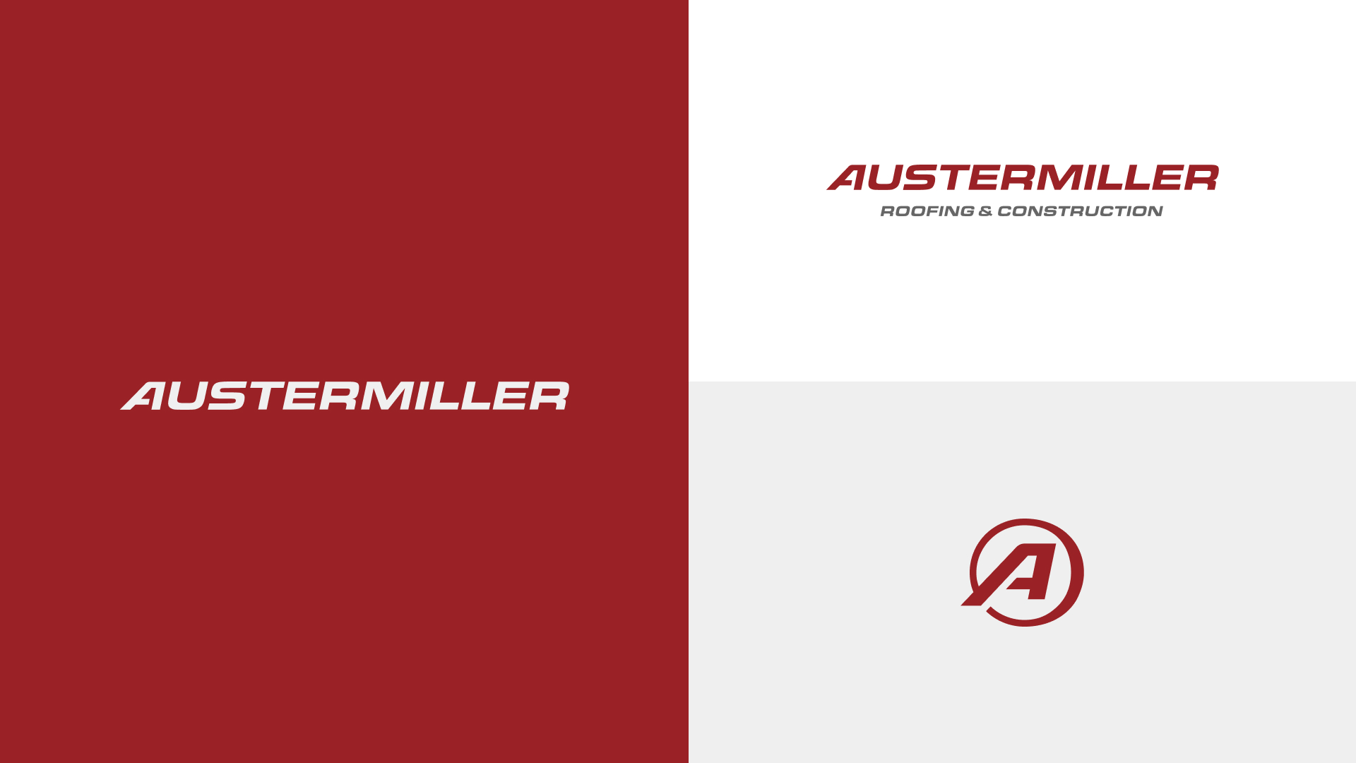 The logo guidance from the Austermiller guideline, showing the text only Austermiller logo over their branded red, Austermiller Roofing & Construction logo over white, and the A brand logo mark over the branded grey. 