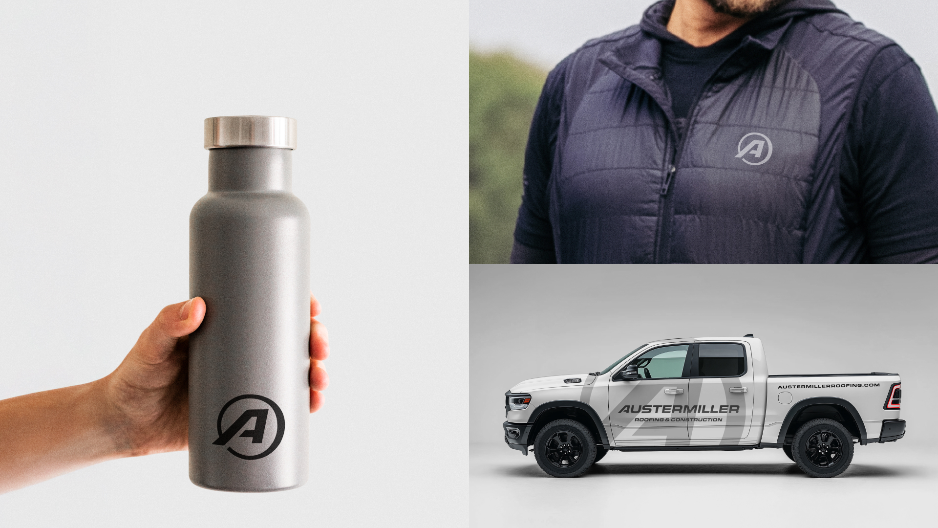 Mockups of the Austermiller logo badge on a water bottler, zip up vest, and pick up truck.