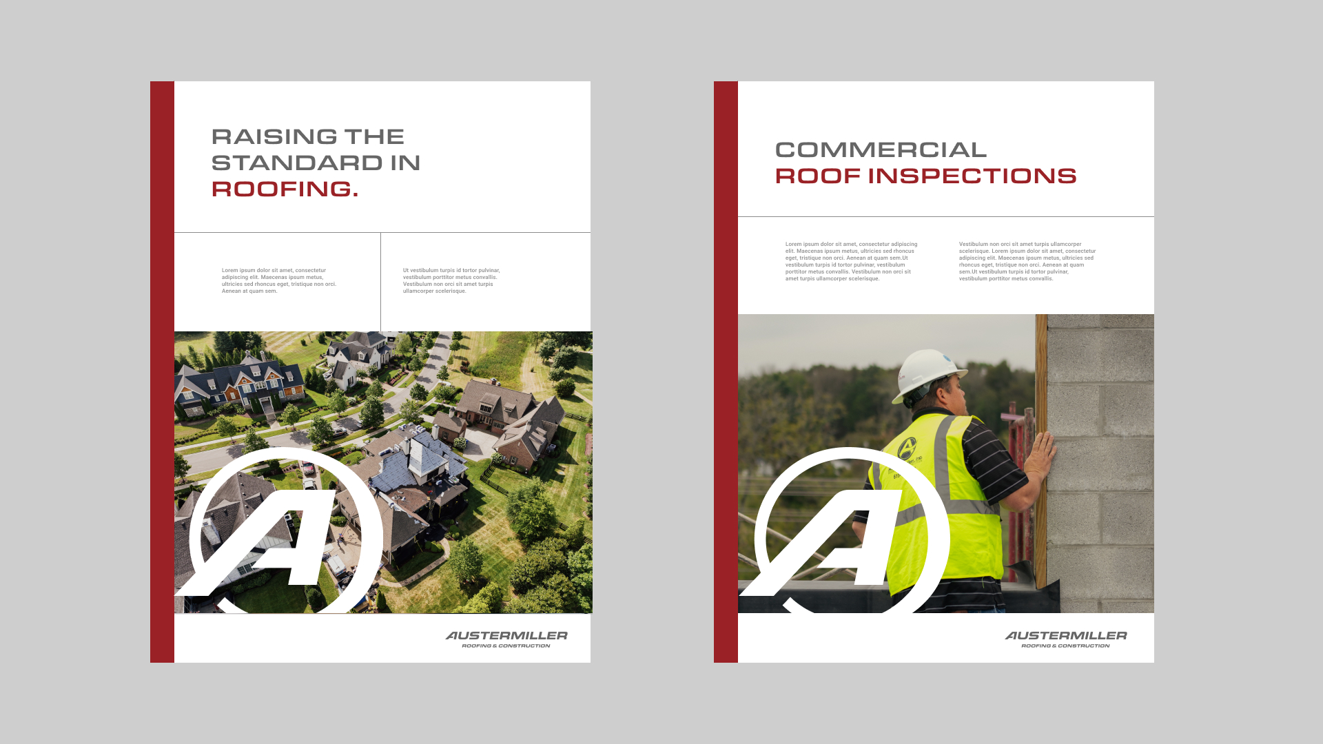Two flyer mockups of updated messaging headlines and an overlay of the logo badge. The headline on the left reads "Raising the Standard in Roofing" and the right "Commercial Roof Inspections."