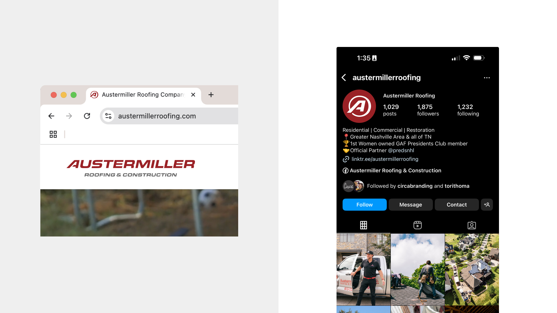 Two mockups that show the revised Austermiller logo icon in context: on the left is the brand icon uploaded and published as the site favicon; on the right the logo icon is shown as the profile picture for the Austermiller Instagram account.