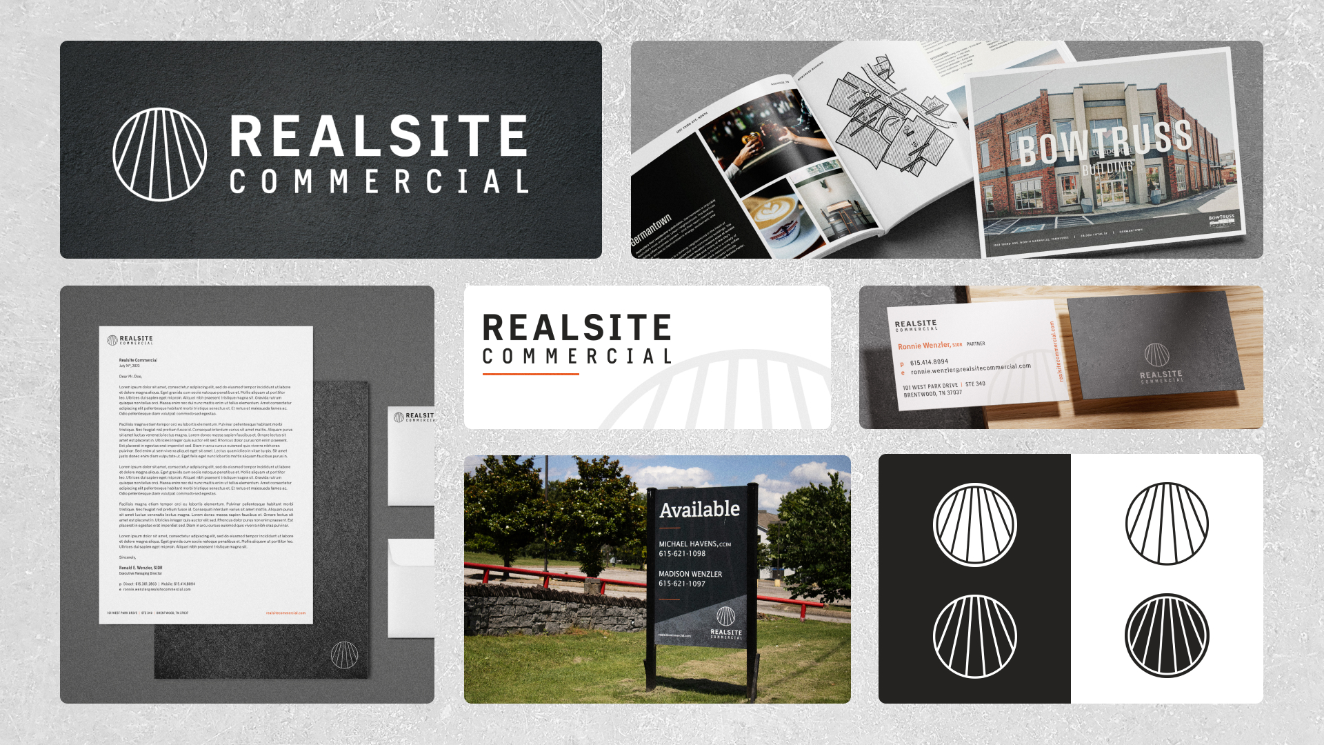 A grid of images showcases the complete brand identity for RealSite Commercial. The visuals include the company's circular geometric logo on various backgrounds, a full stationery set, business cards, a property brochure for the "BOW TRUSS BUILDING," and a commercial real estate sign.