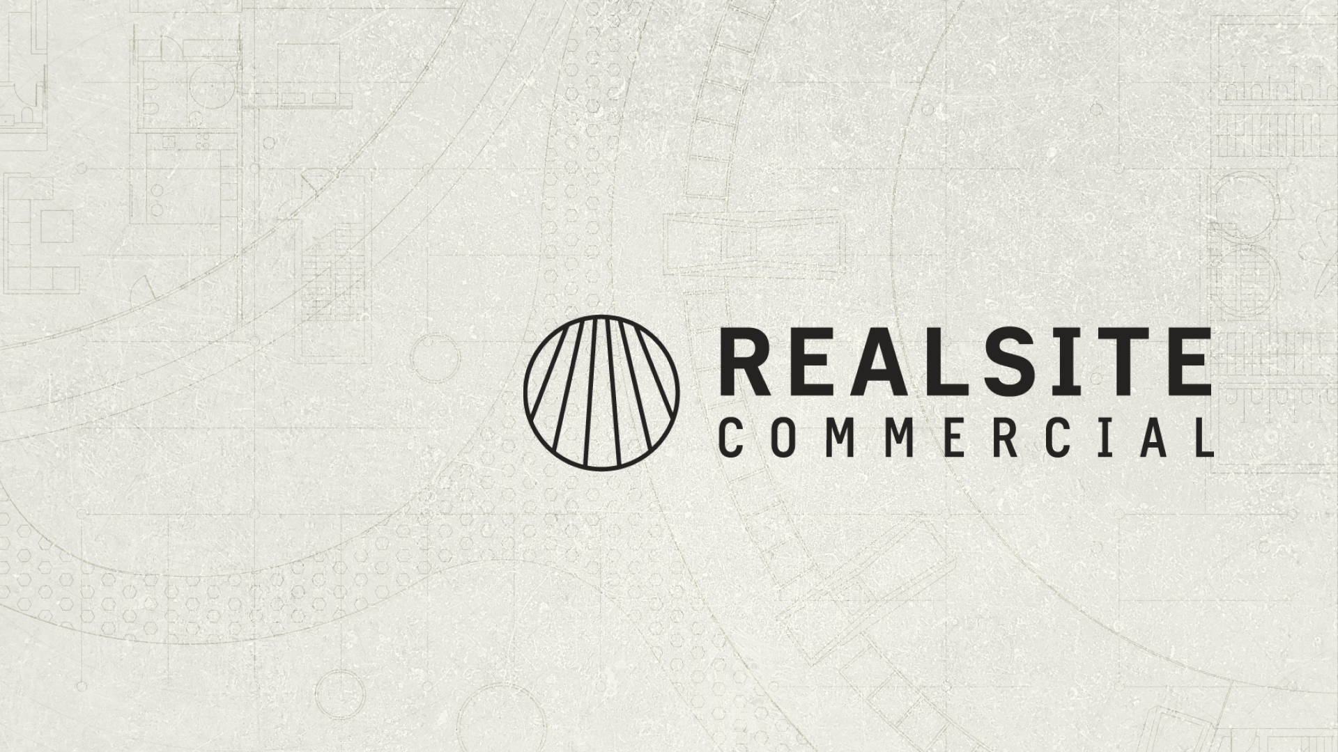 Logo and branding for REALSITE COMMERCIAL featuring a bold, circular emblem with architectural-style lines, paired with modern black typography on a light textured background with faint technical drawings.